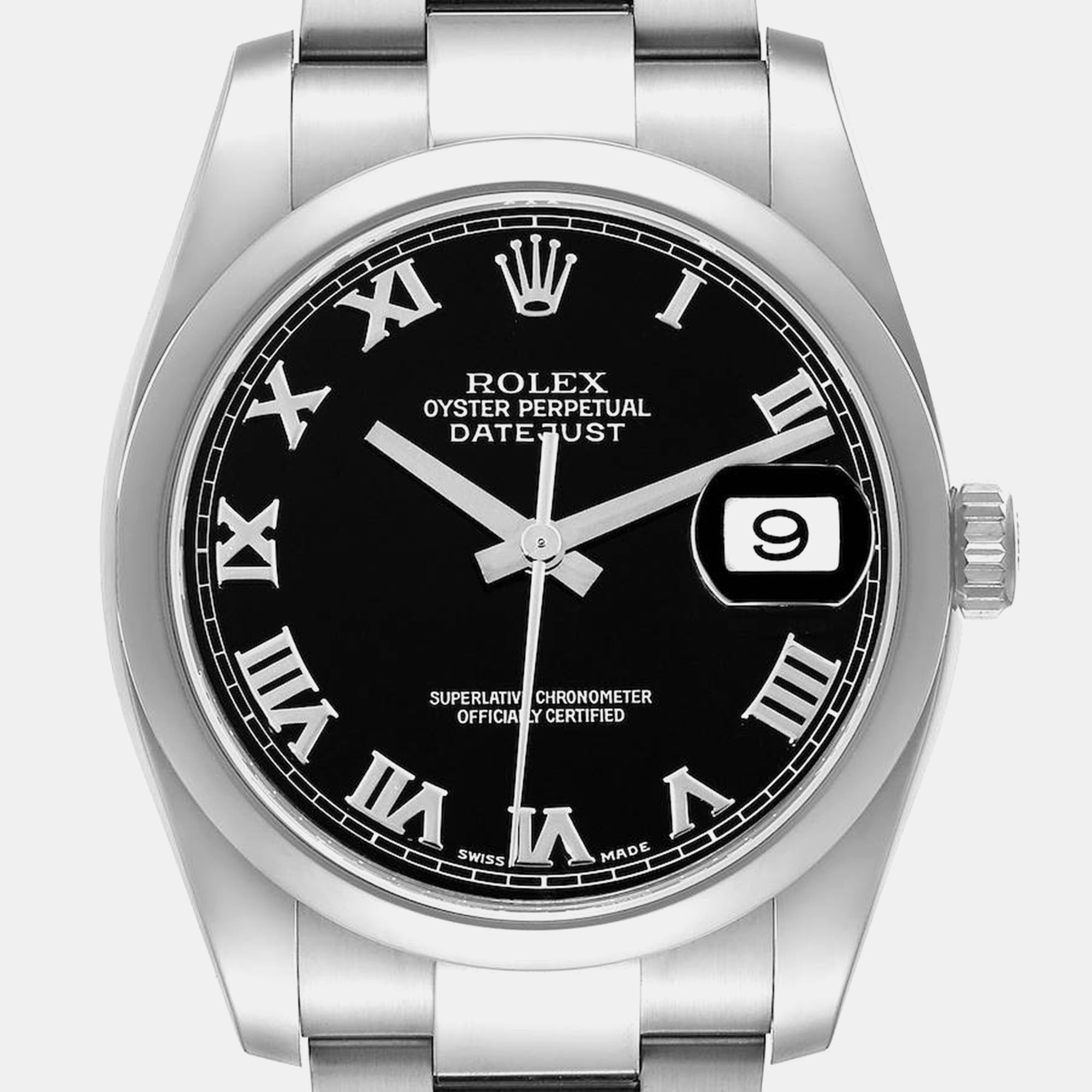 Rolex Datejust Black Roman Dial Steel Men's Watch 116200 36 Mm