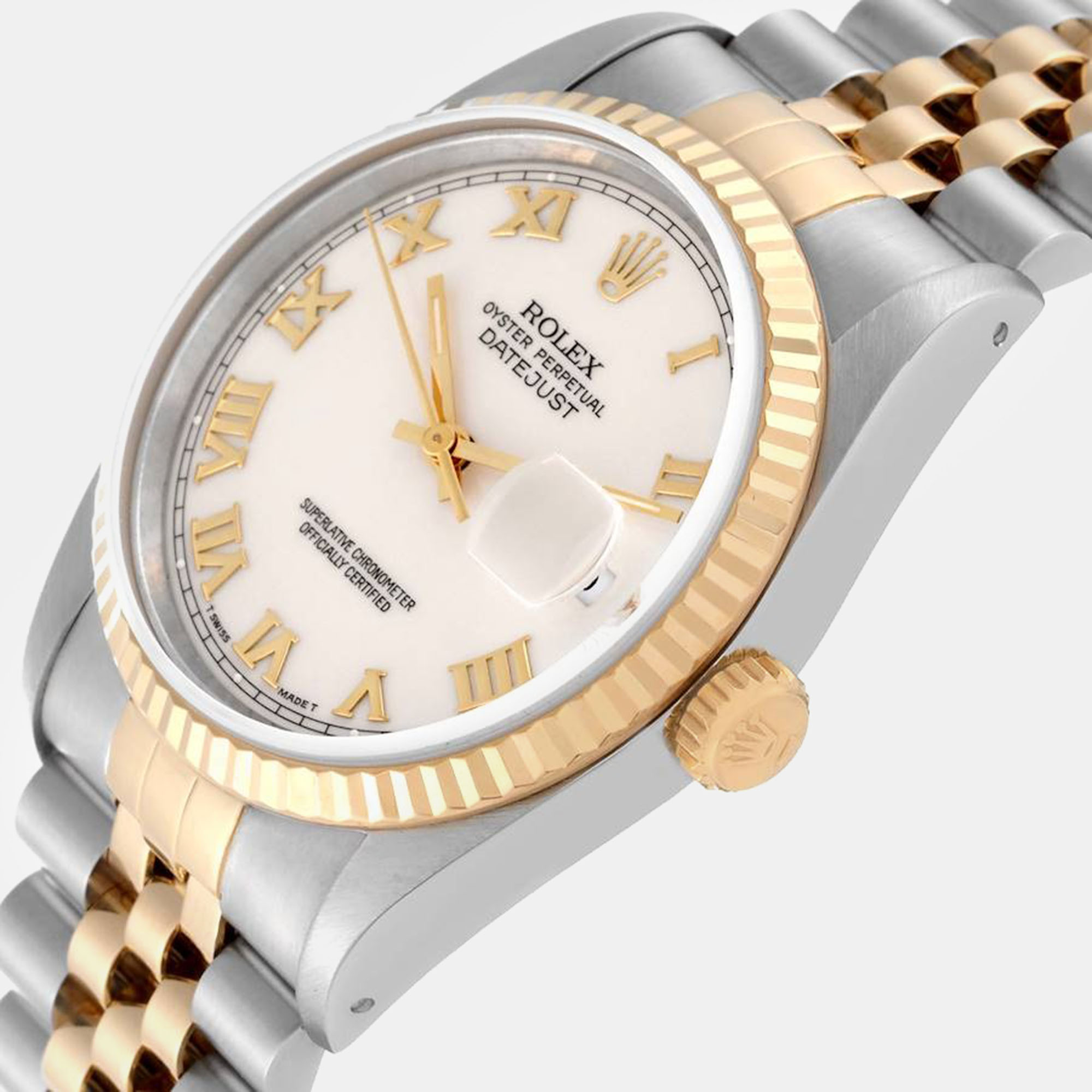 Rolex Ivory 18k Yellow Gold Stainless Steel Datejust 16233 Automatic Men's Wristwatch 36 Mm