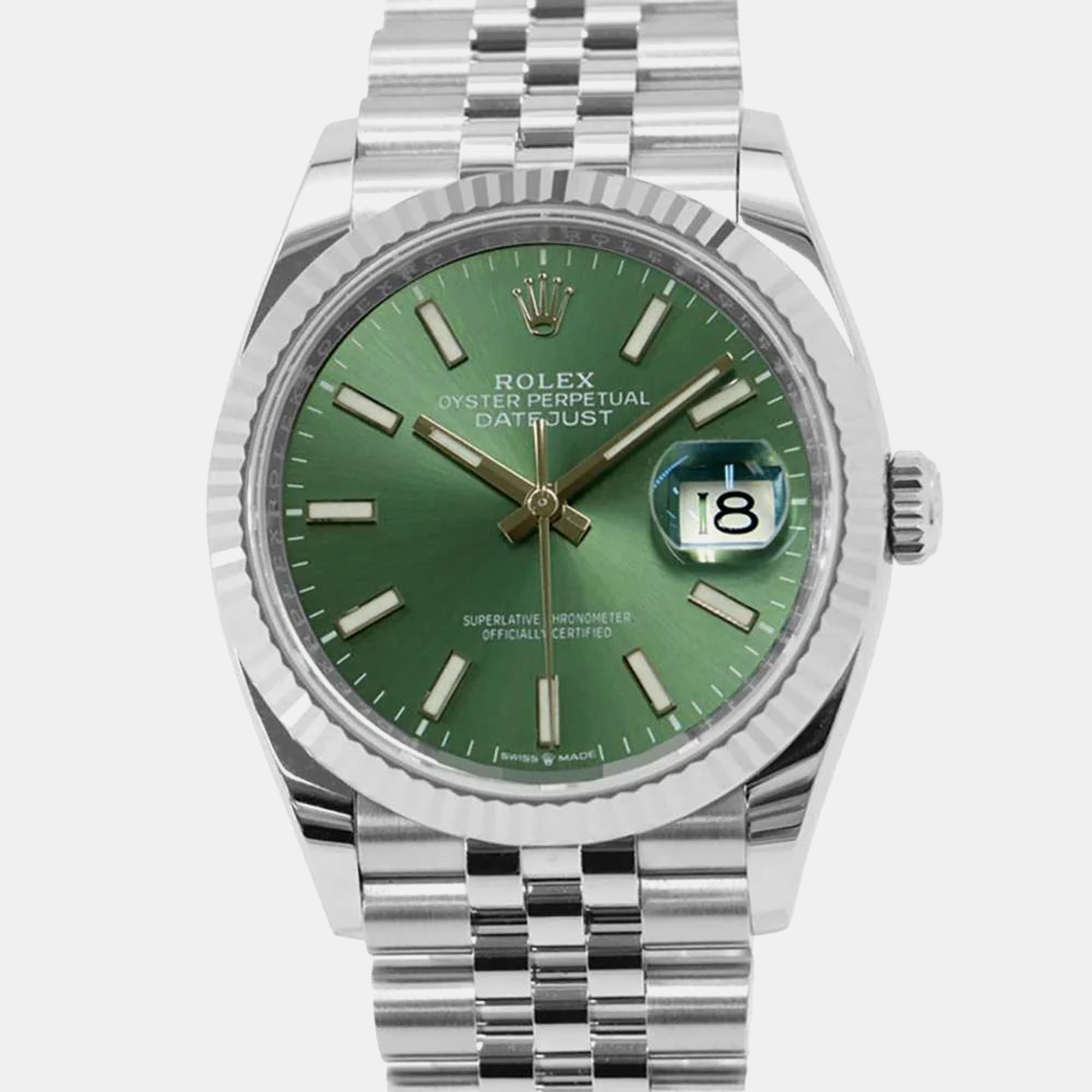 Rolex Green 18k White Gold Stainless Steel Datejust Automatic Men's Wristwatch 36 mm
Rolex Green 18k White Gold Stainless Steel Datejust Automatic Men's Wristwatch 36 mm