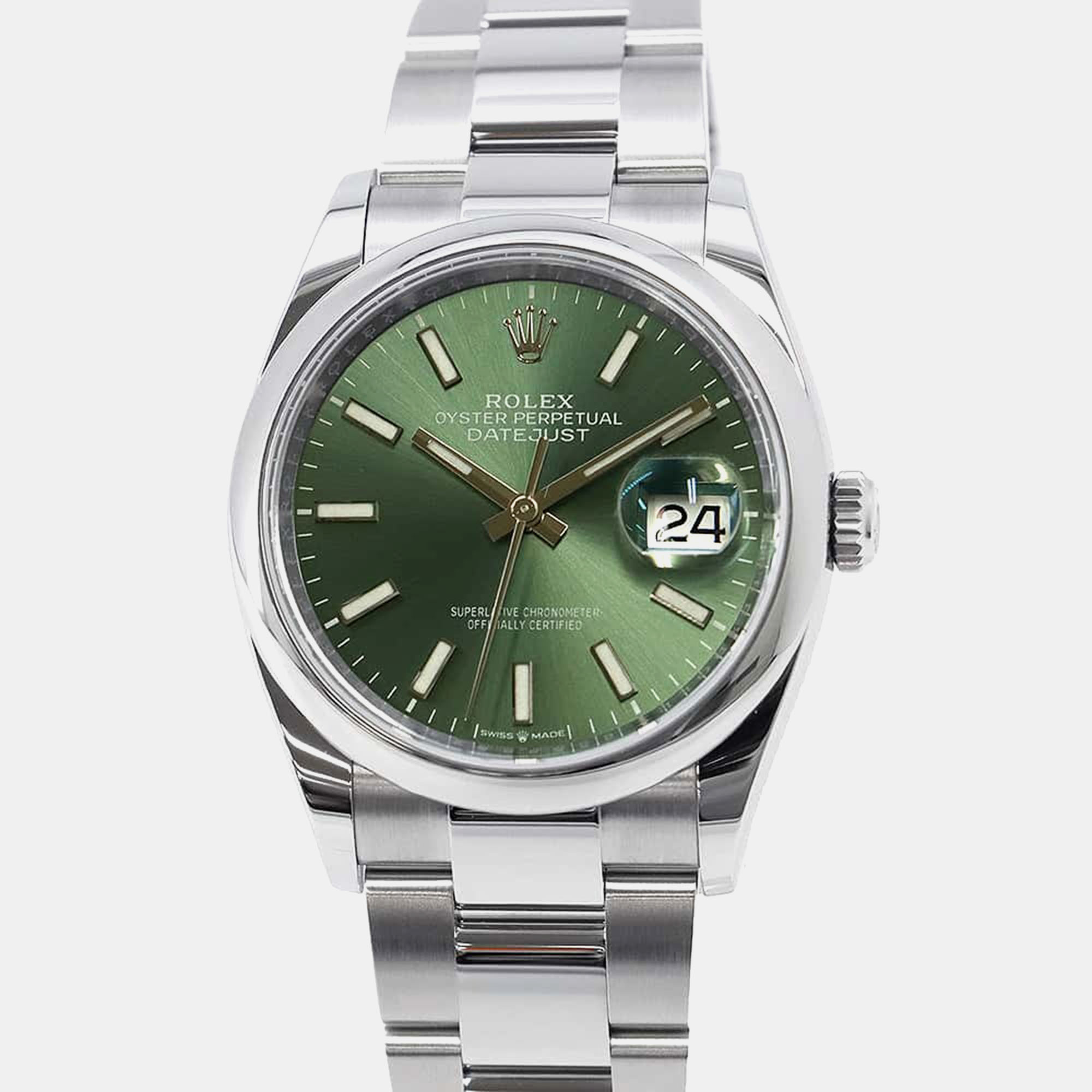 Rolex Green Stainless Steel Datejust Automatic Men's Wristwatch 36 Mm