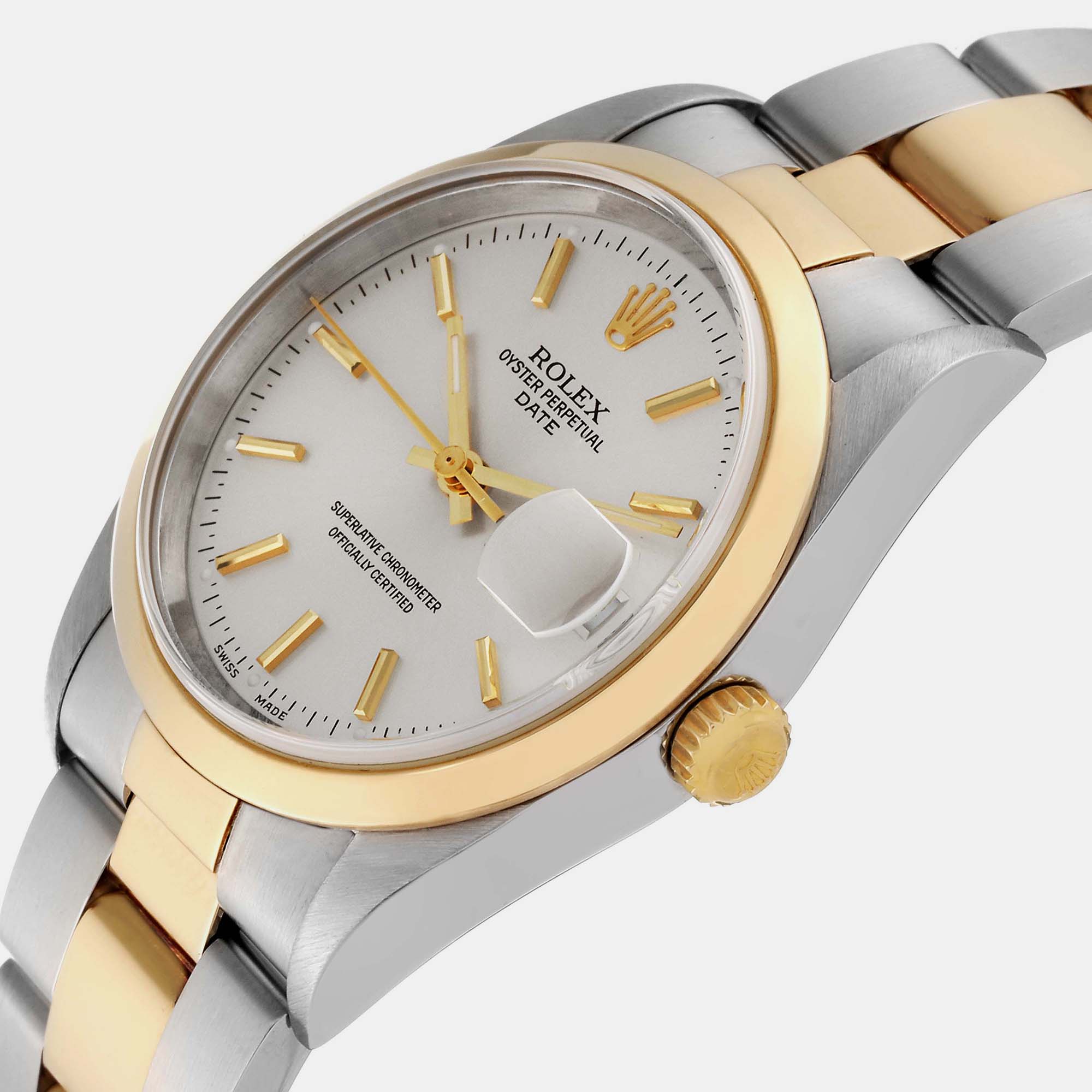 Rolex Date Steel Yellow Gold Silver Dial Men's Watch 34 Mm