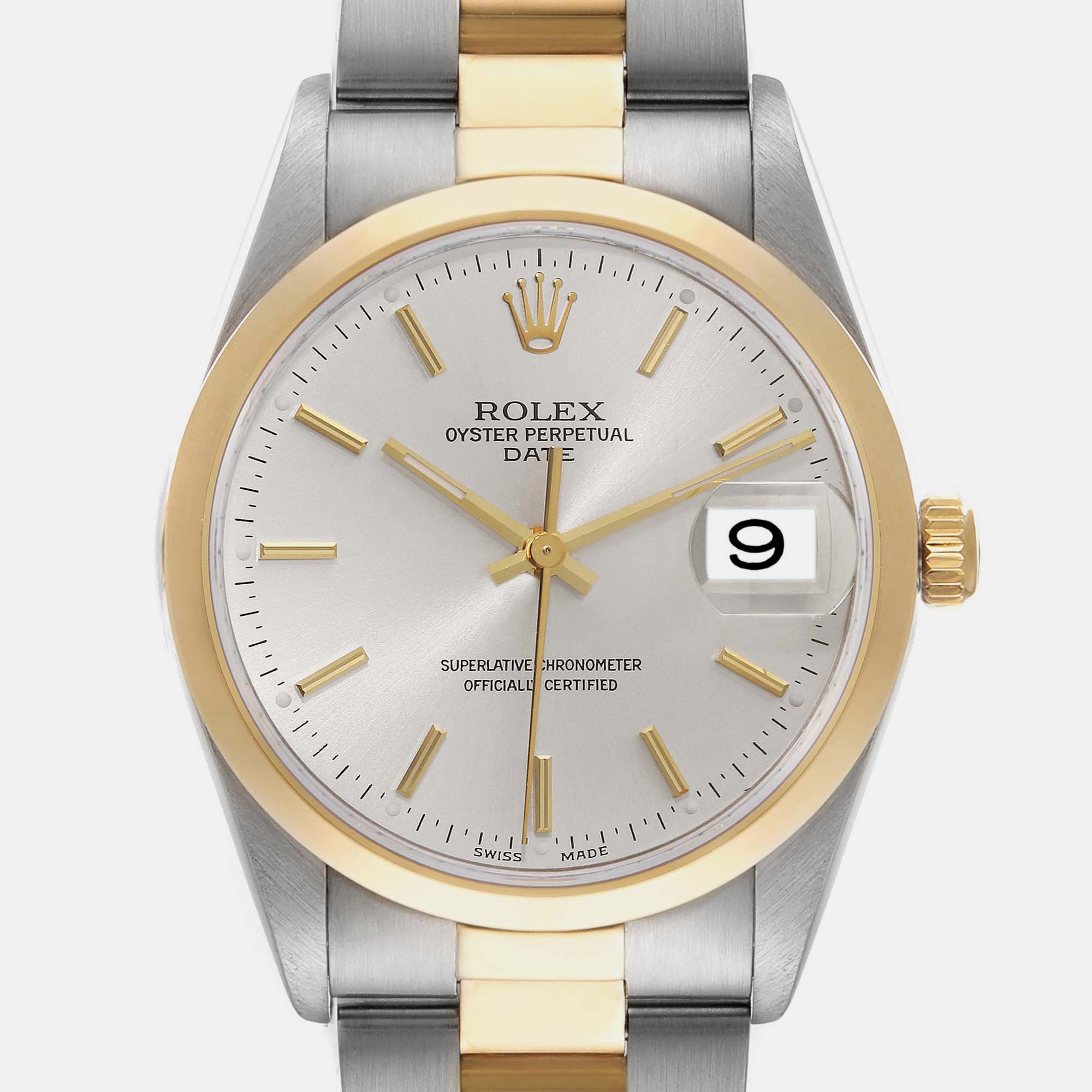 Rolex Date Steel Yellow Gold Silver Dial Men's Watch 34 Mm