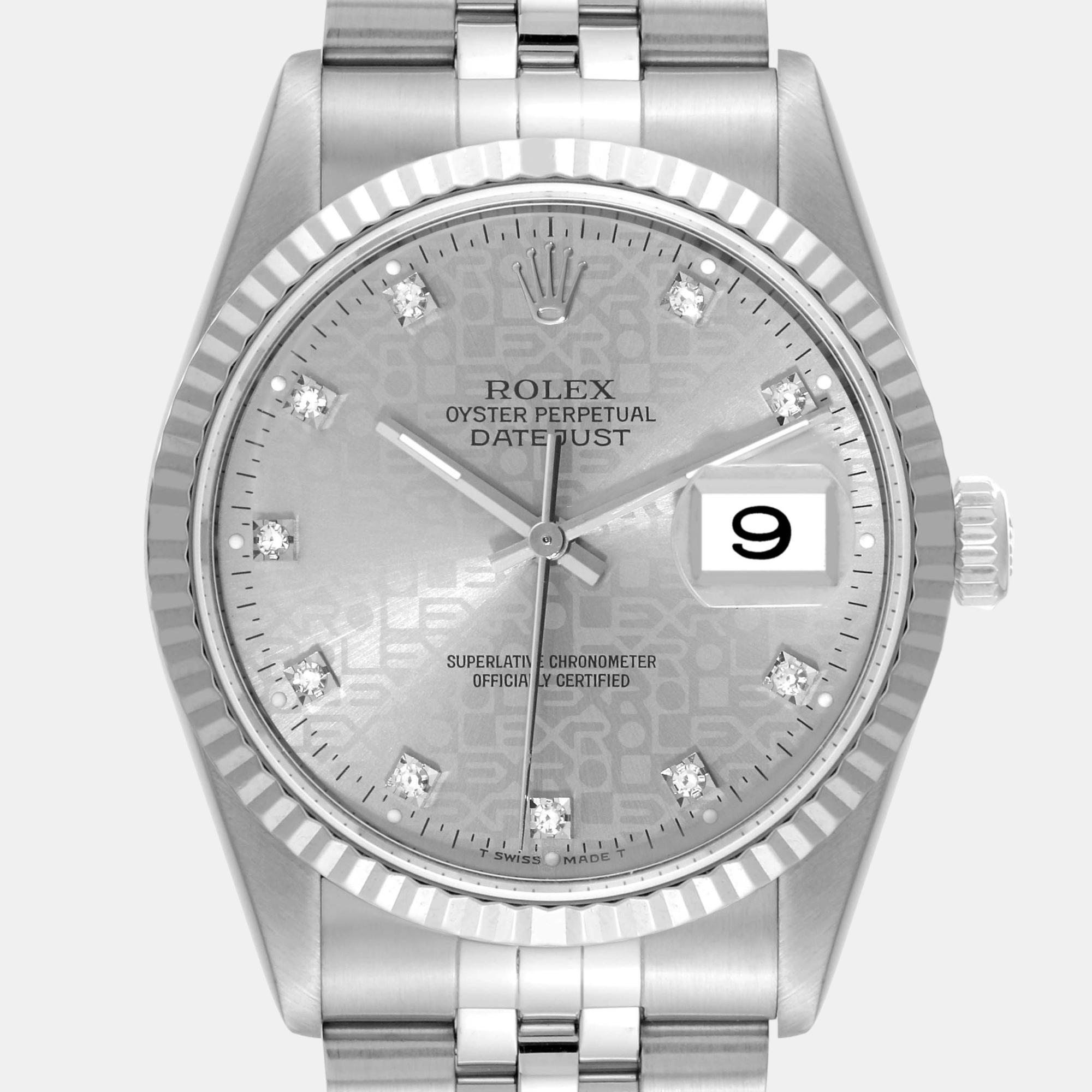 Rolex Datejust Steel White Gold Anniversary Diamond Dial Mens Watch 16234