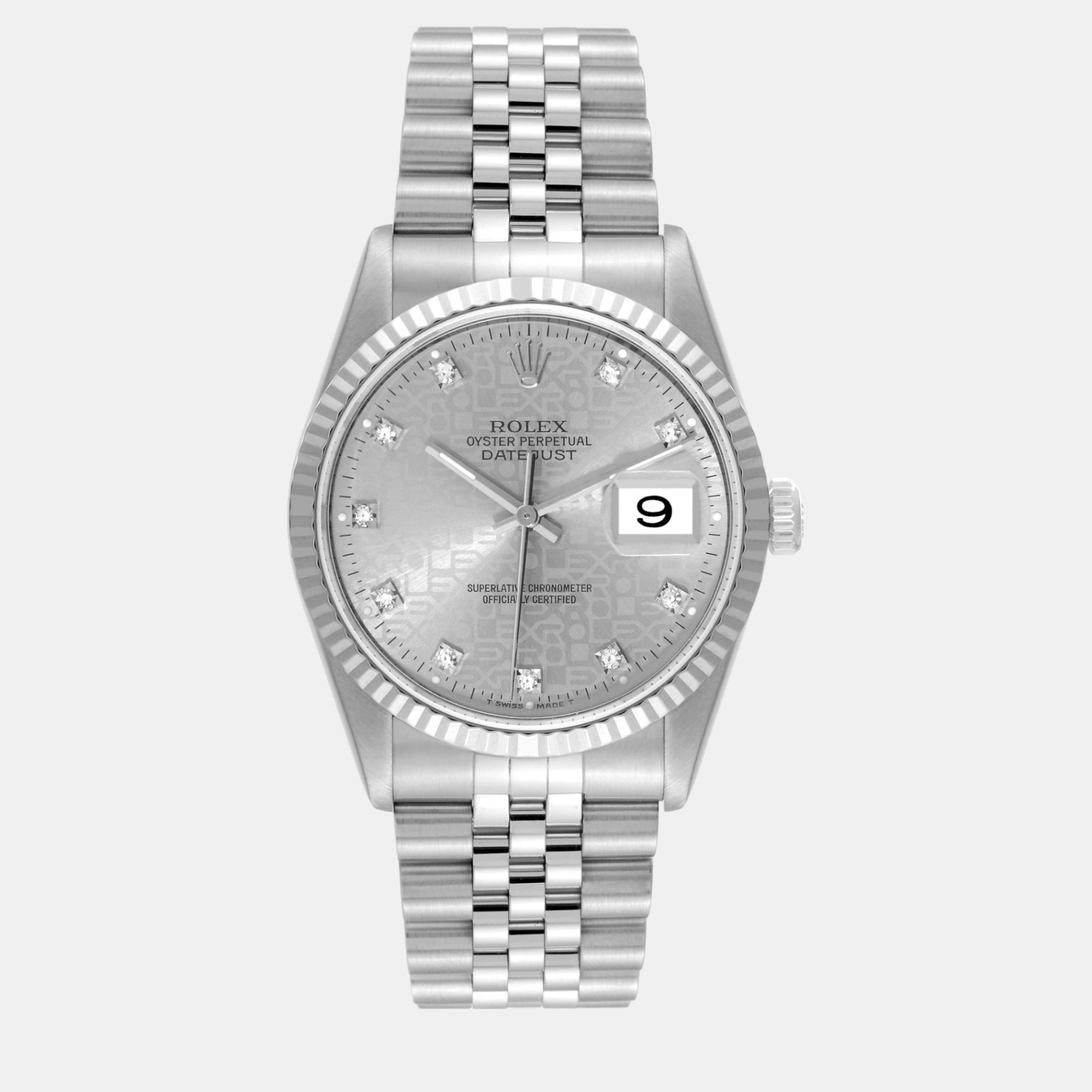 Rolex Datejust Steel White Gold Anniversary Diamond Dial Mens Watch 16234