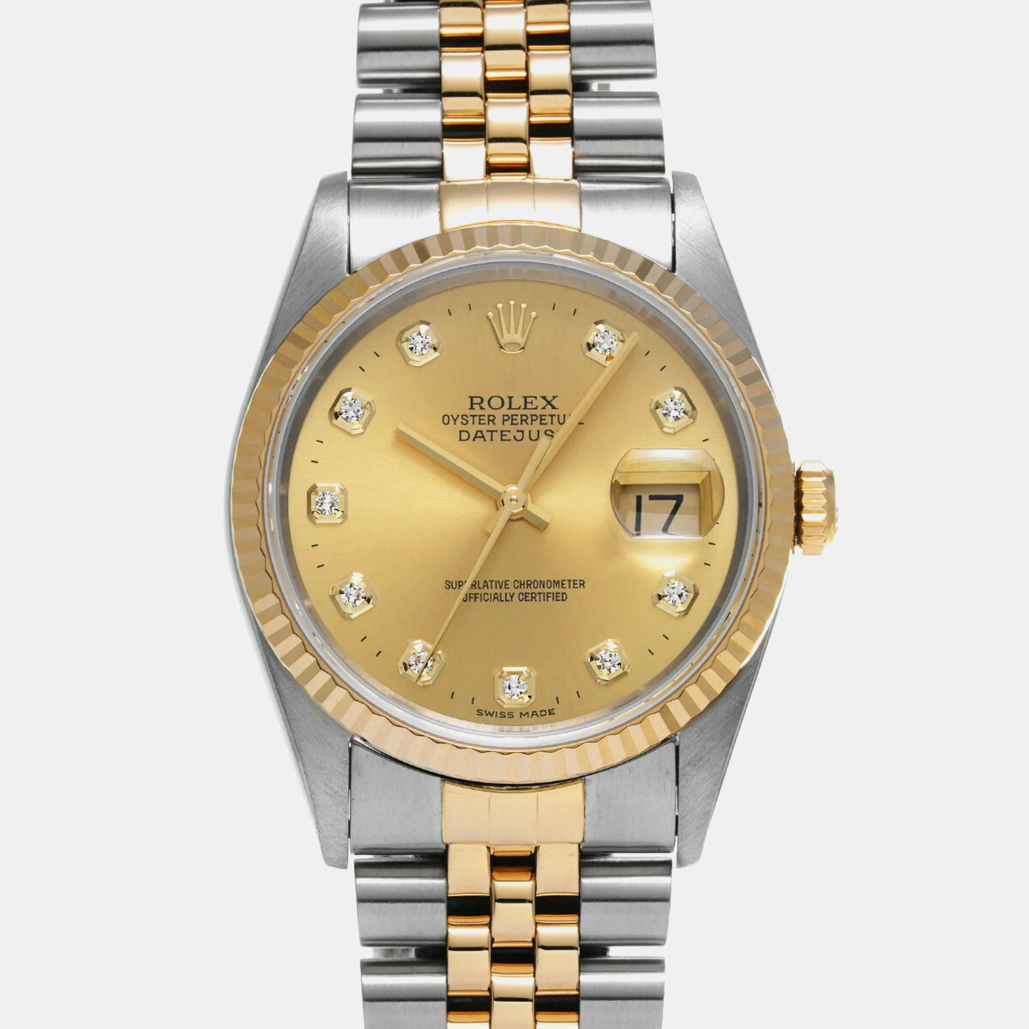 Rolex Champagne Diamond 18k Yellow Gold Stainless Steel Datejust Automatic Men's Wristwatch 36 mm
Rolex Champagne Diamond 18k Yellow Gold Stainless Steel Datejust Automatic Men's Wristwatch 36 mm