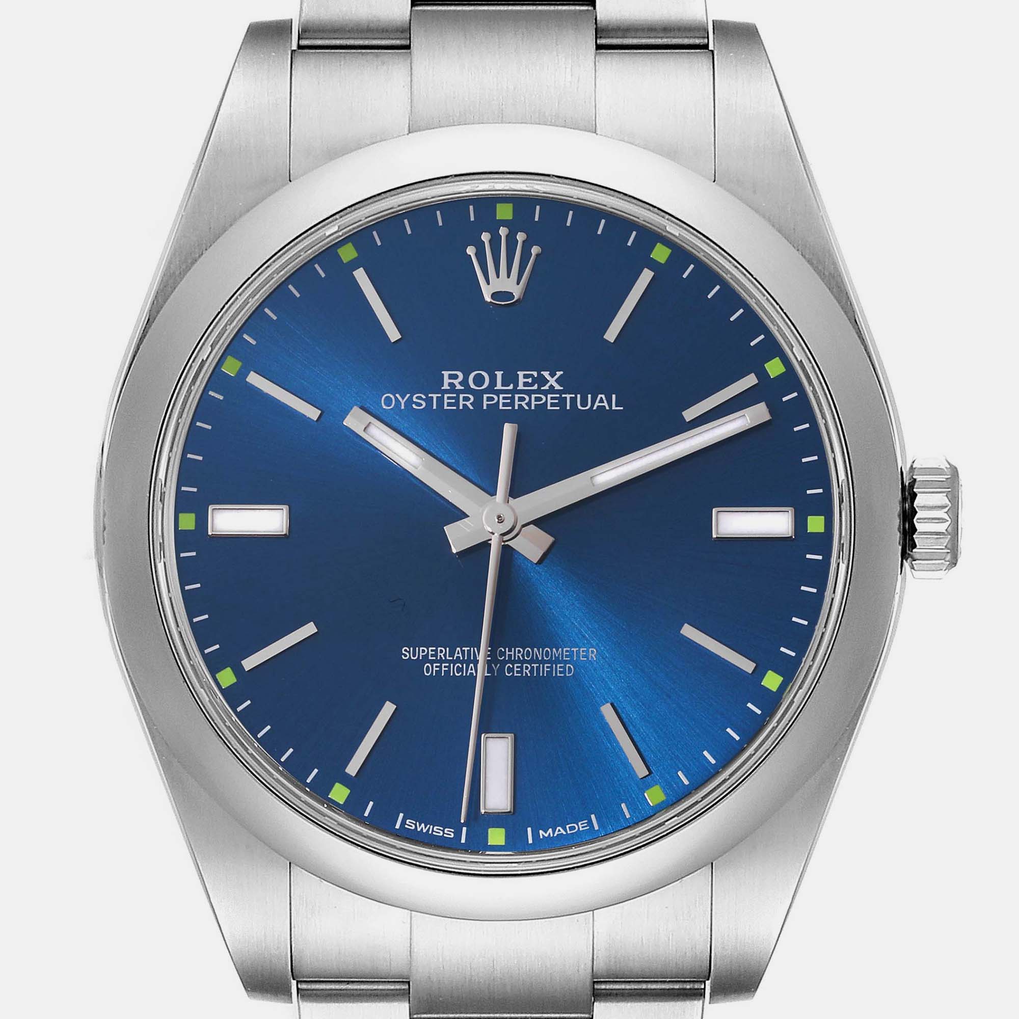 Rolex Blue Stainless Steel Oyster Perpetual 114300 Automatic Men's Wristwatch 39 Mm