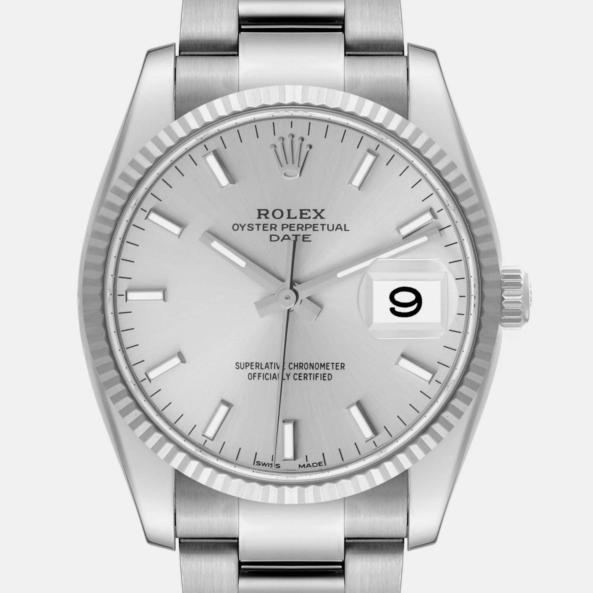 Rolex Silver Stainless Steel Oyster Perpetual Date 115234 Automatic Men's Wristwatch 34 Mm