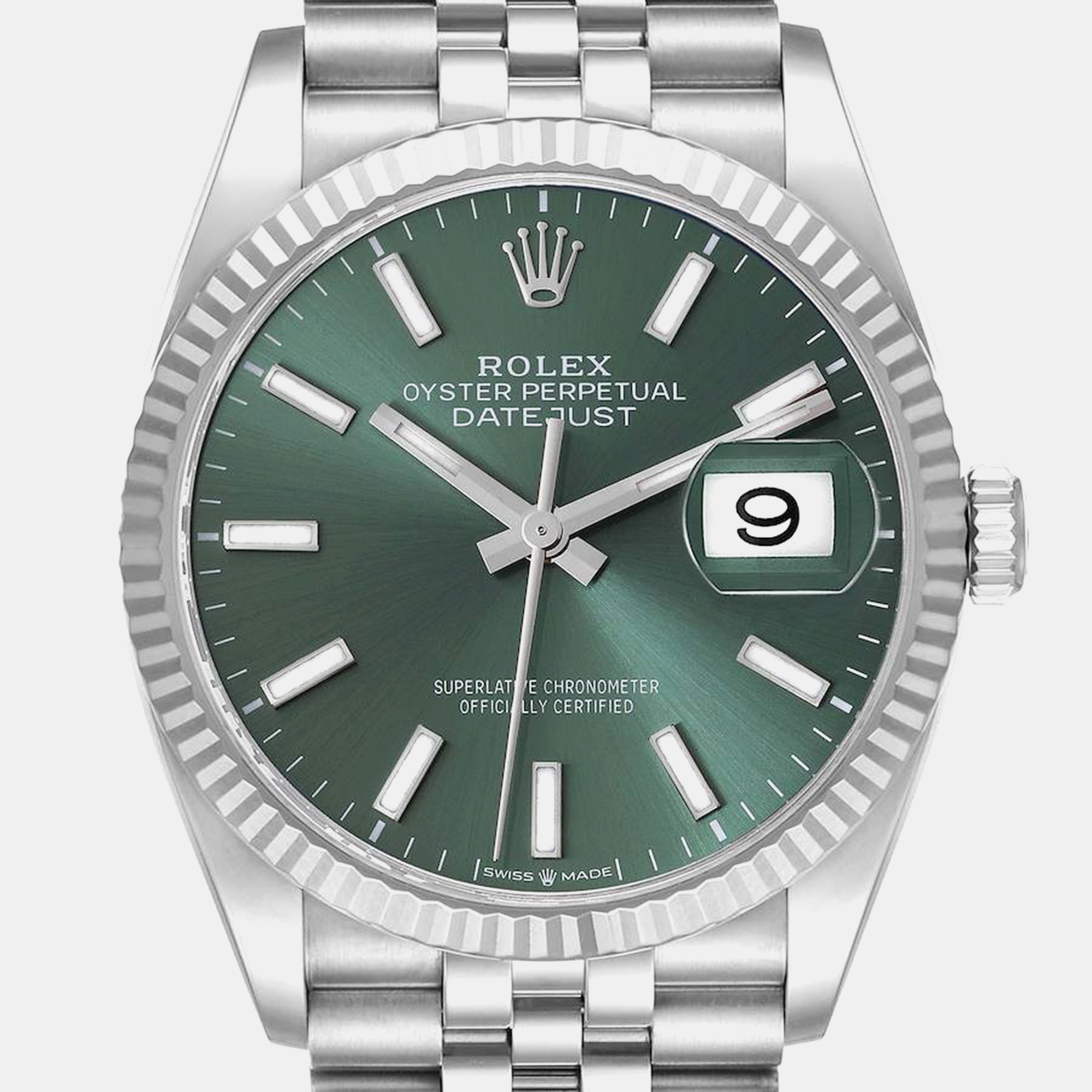 Rolex Datejust Steel White Gold Mint Green Dial Men's Watch 126234 36 Mm