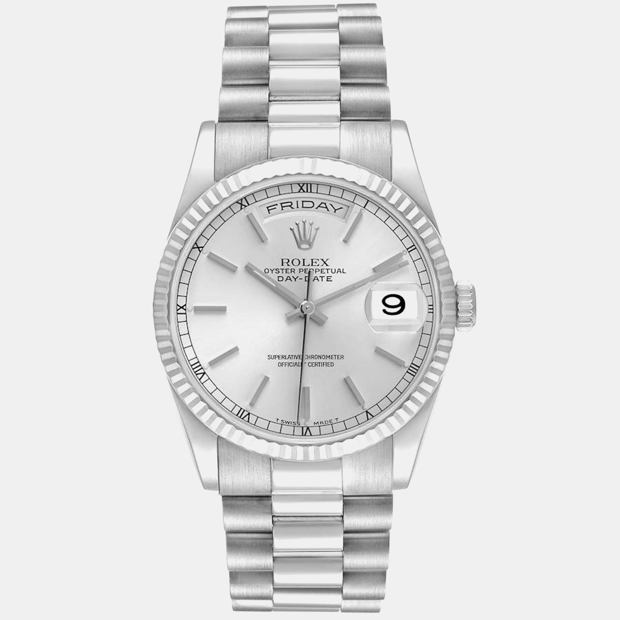 Rolex President Day-Date White Gold Silver Dial Men's Watch 36.0 mm
Rolex President Day-Date White Gold Silver Dial Men's Watch 36.0 mm