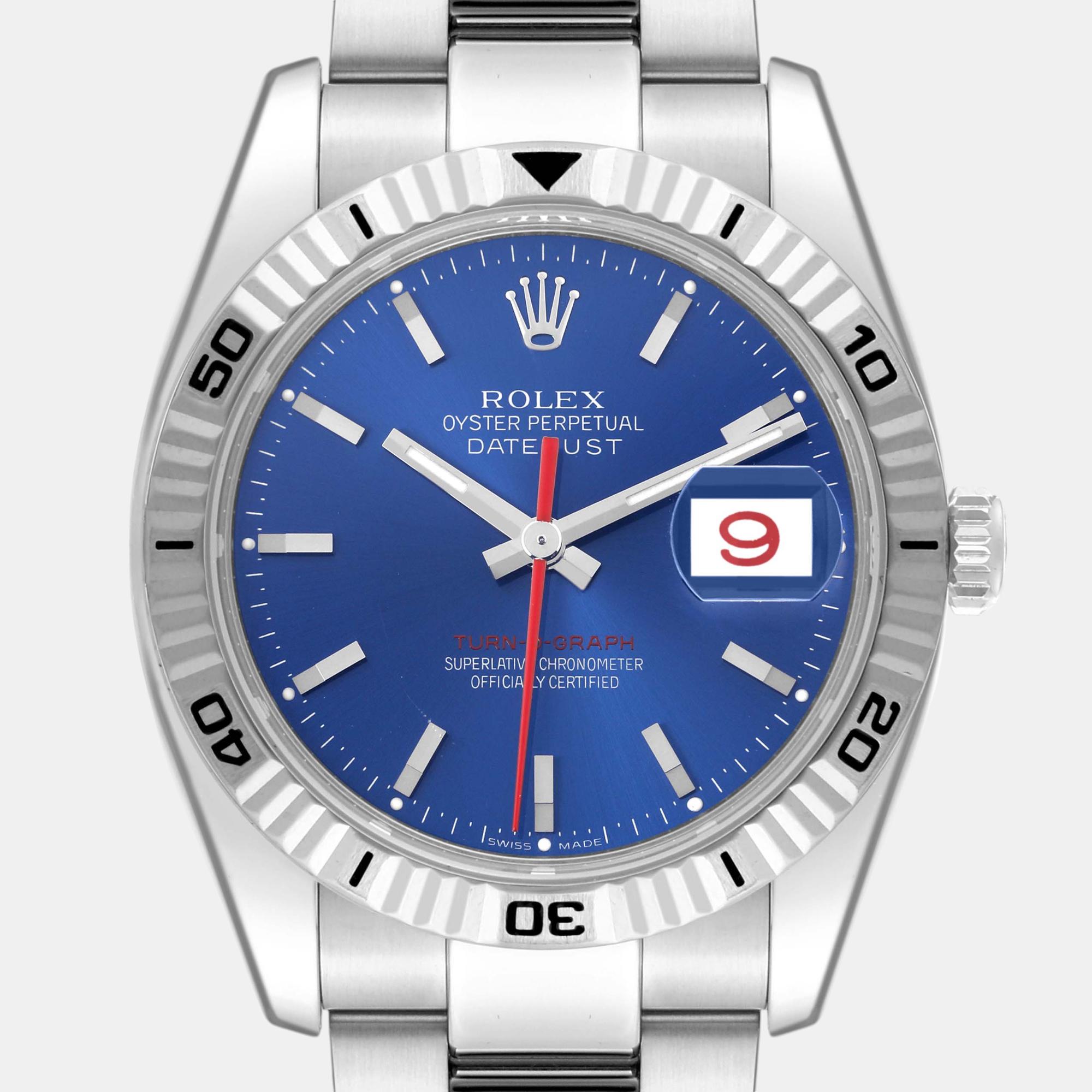 Rolex Datejust Turnograph Steel White Gold Blue Dial Mens Watch 116264