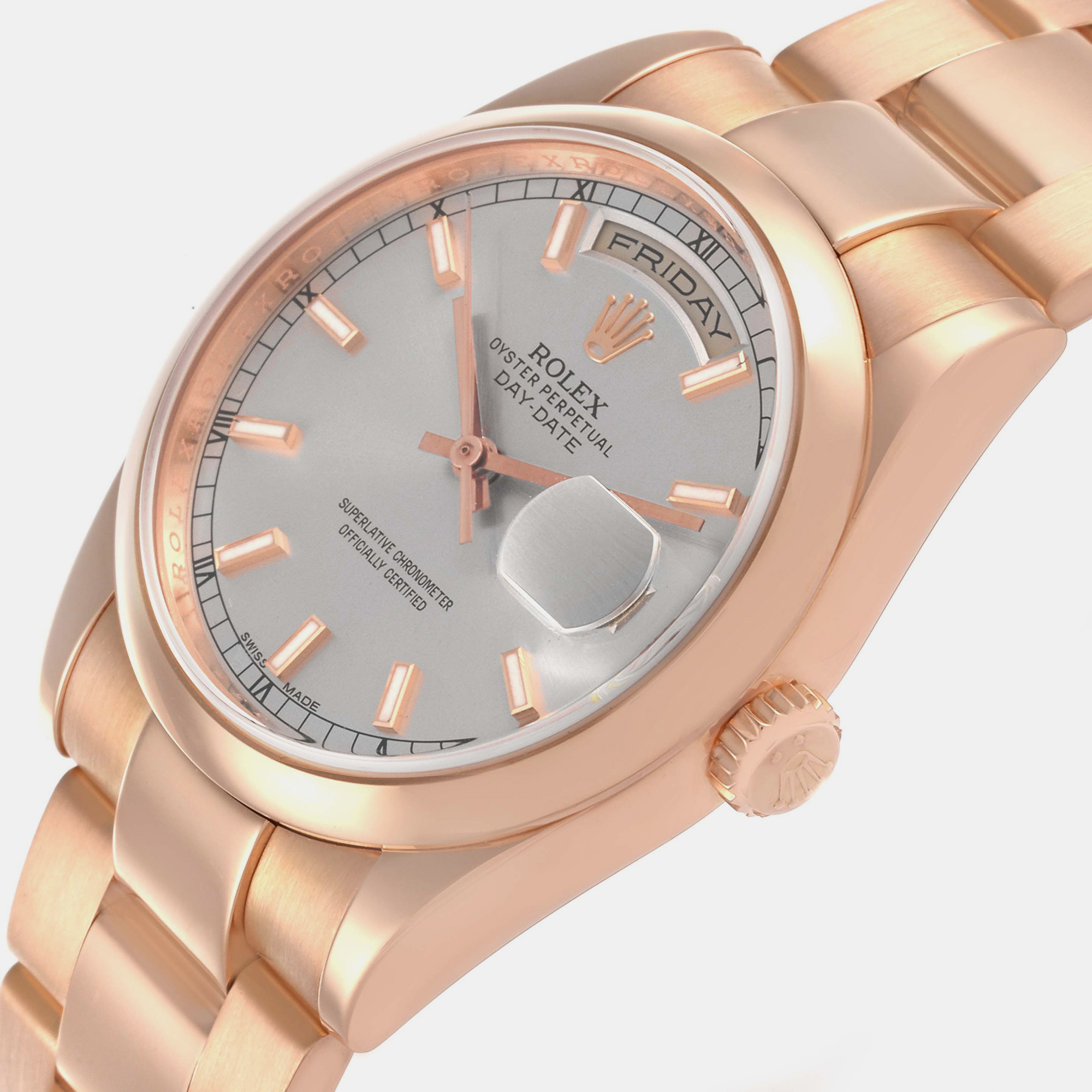 Rolex President Day Date Rose Gold Silver Dial Men's Watch 118205 36 Mm