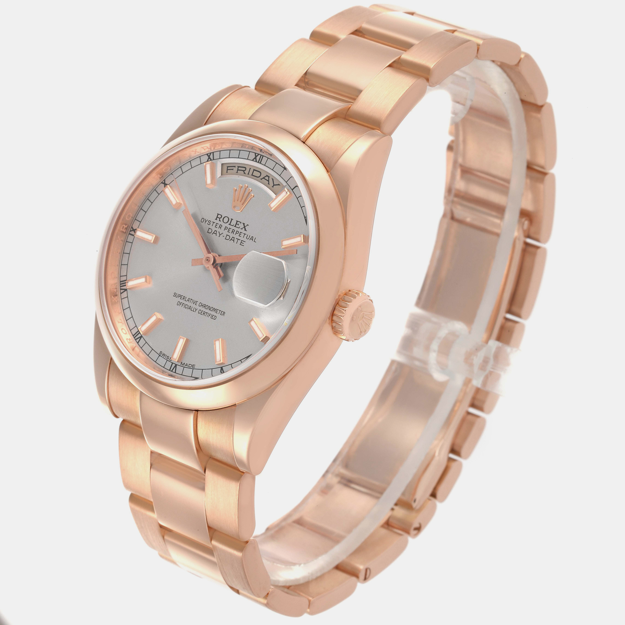 Rolex President Day Date Rose Gold Silver Dial Men's Watch 118205 36 Mm