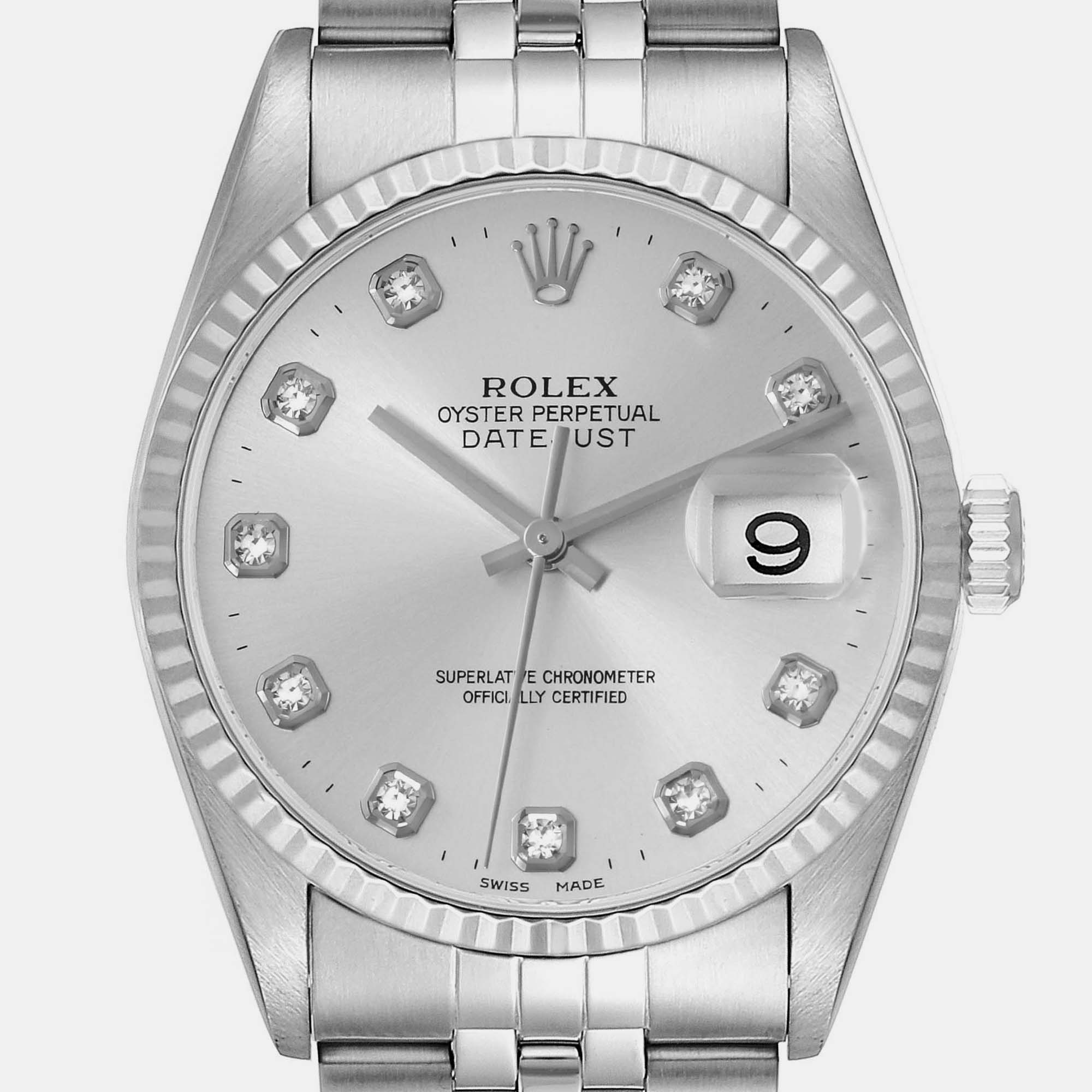 Rolex Datejust Steel White Gold Silver Diamond Dial Men's Watch 16234 36 Mm