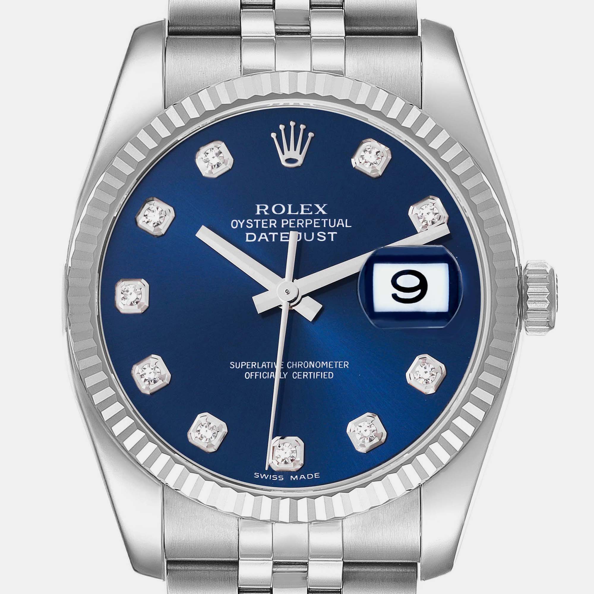 Rolex Datejust Steel White Gold Blue Diamond Dial Mens Watch 116234