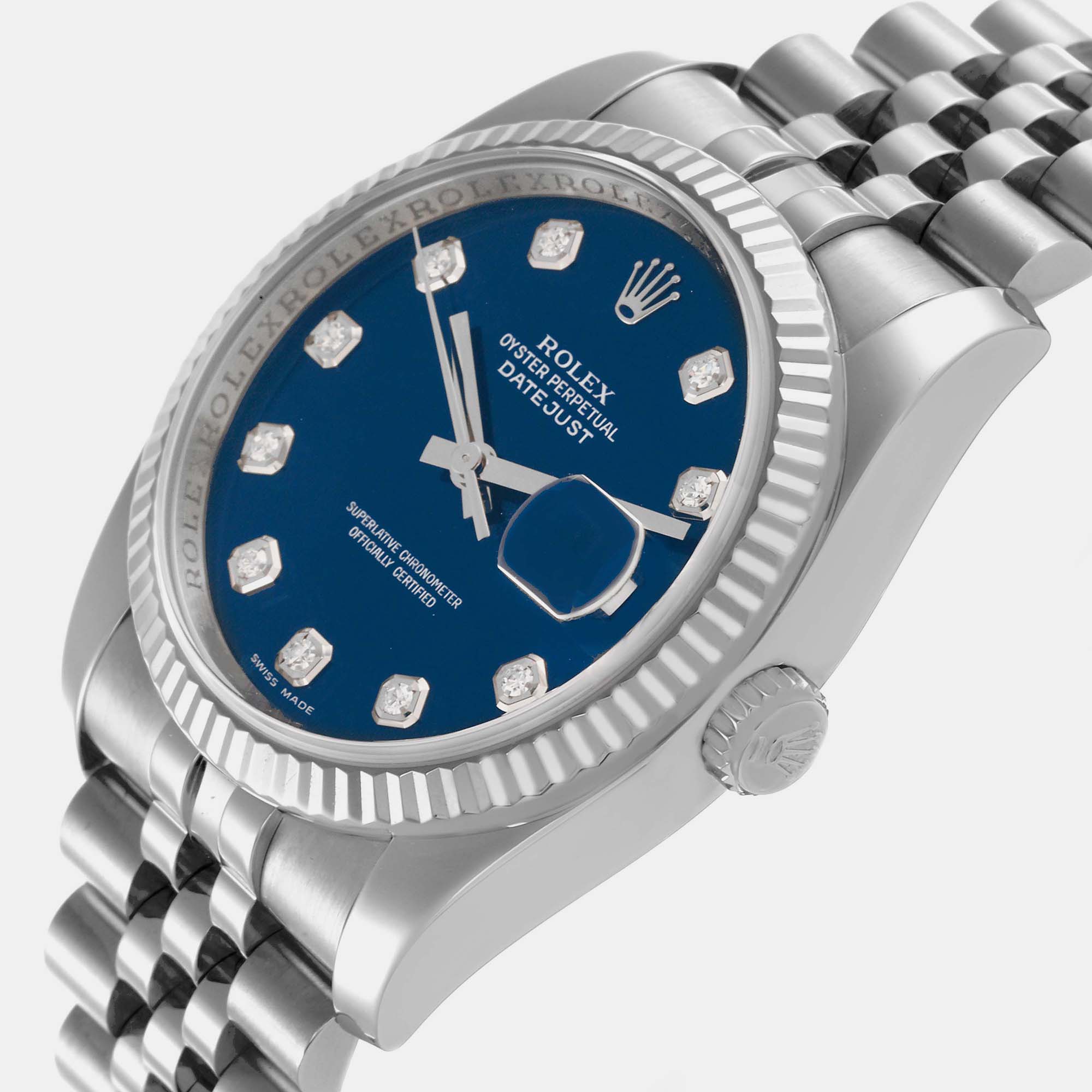 Rolex Datejust Steel White Gold Blue Diamond Dial Mens Watch 116234