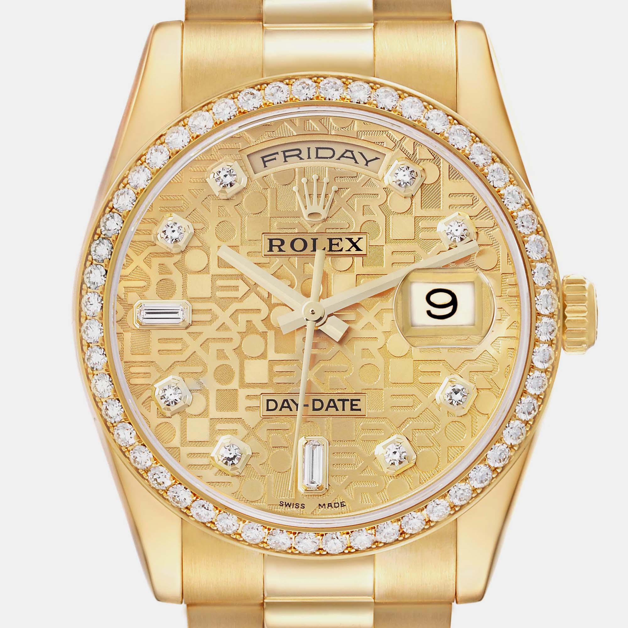 Rolex President Day Date Yellow Gold Diamond Men's Watch 36 Mm