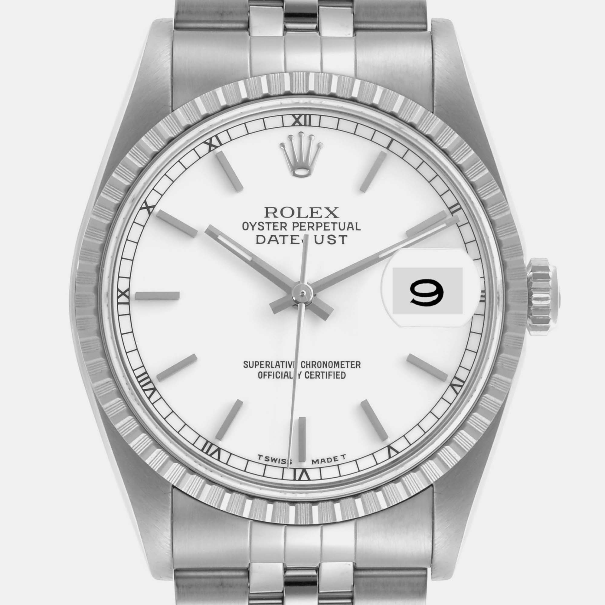 Rolex Datejust White Dial Engine Turned Bezel Steel Men's Watch 16220 36 Mm