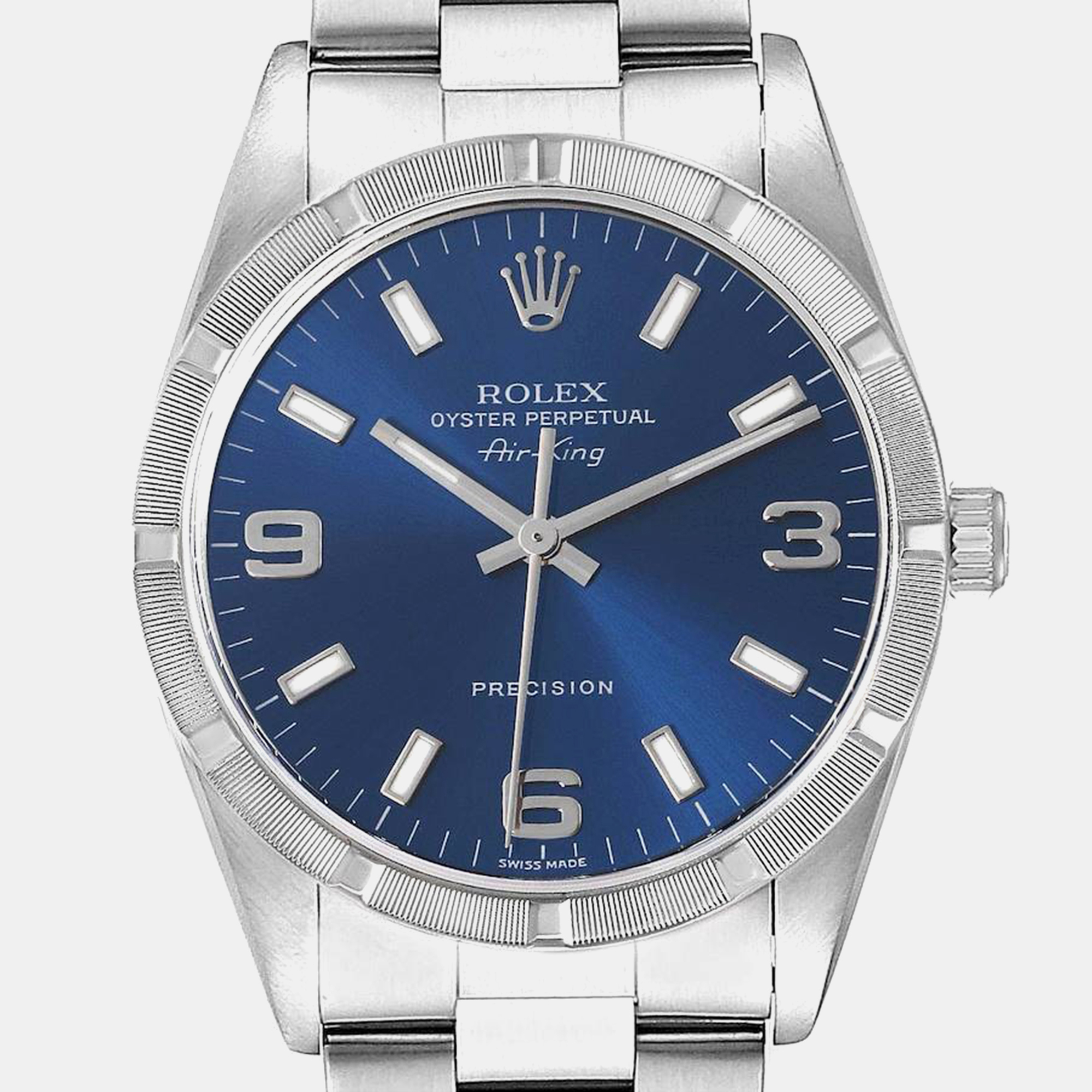 Rolex Air King Blue Dial Engine Turned Bezel Steel Men's Watch 34.0 Mm