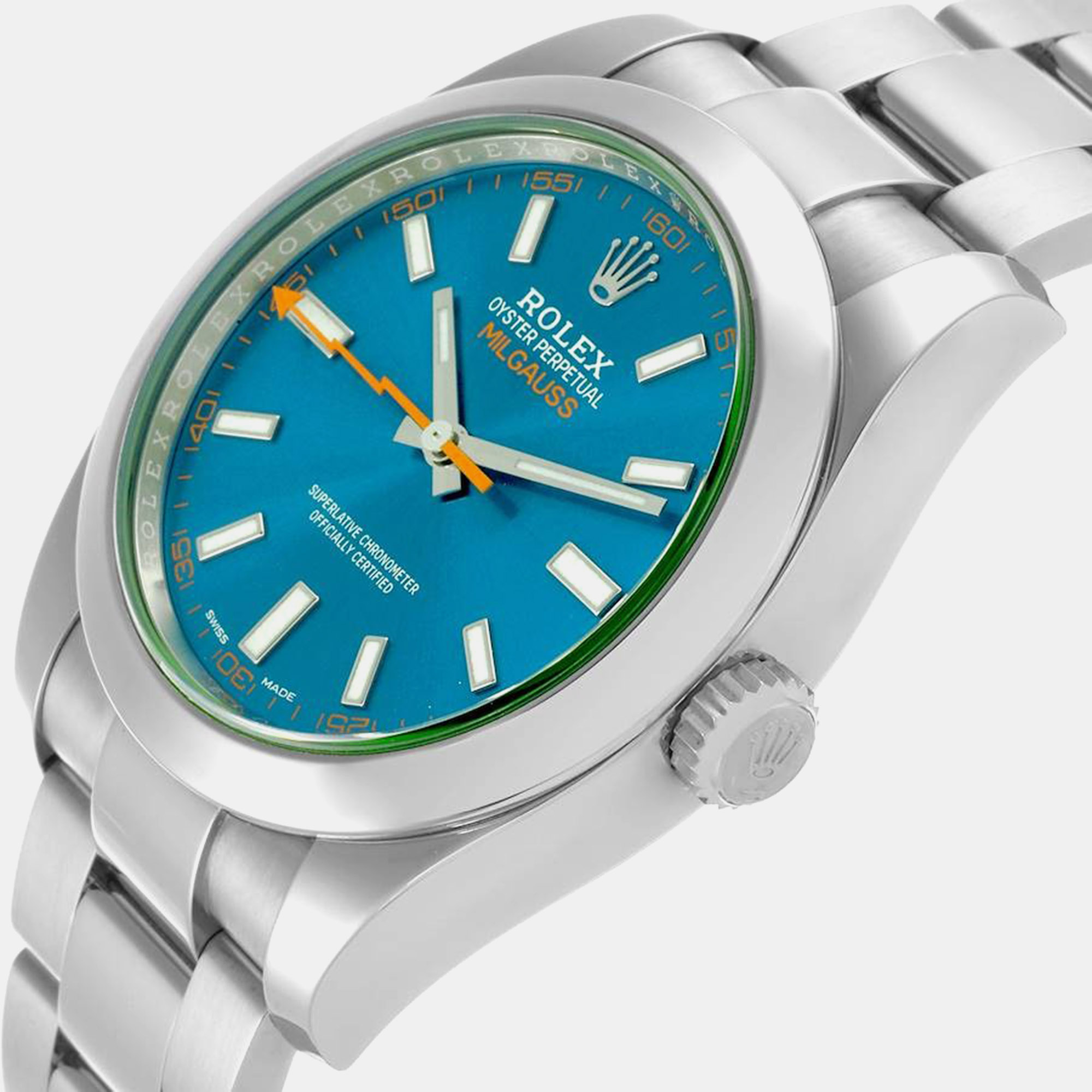 Rolex Milgauss Blue Dial Green Crystal Steel Mens Watch 116400GV