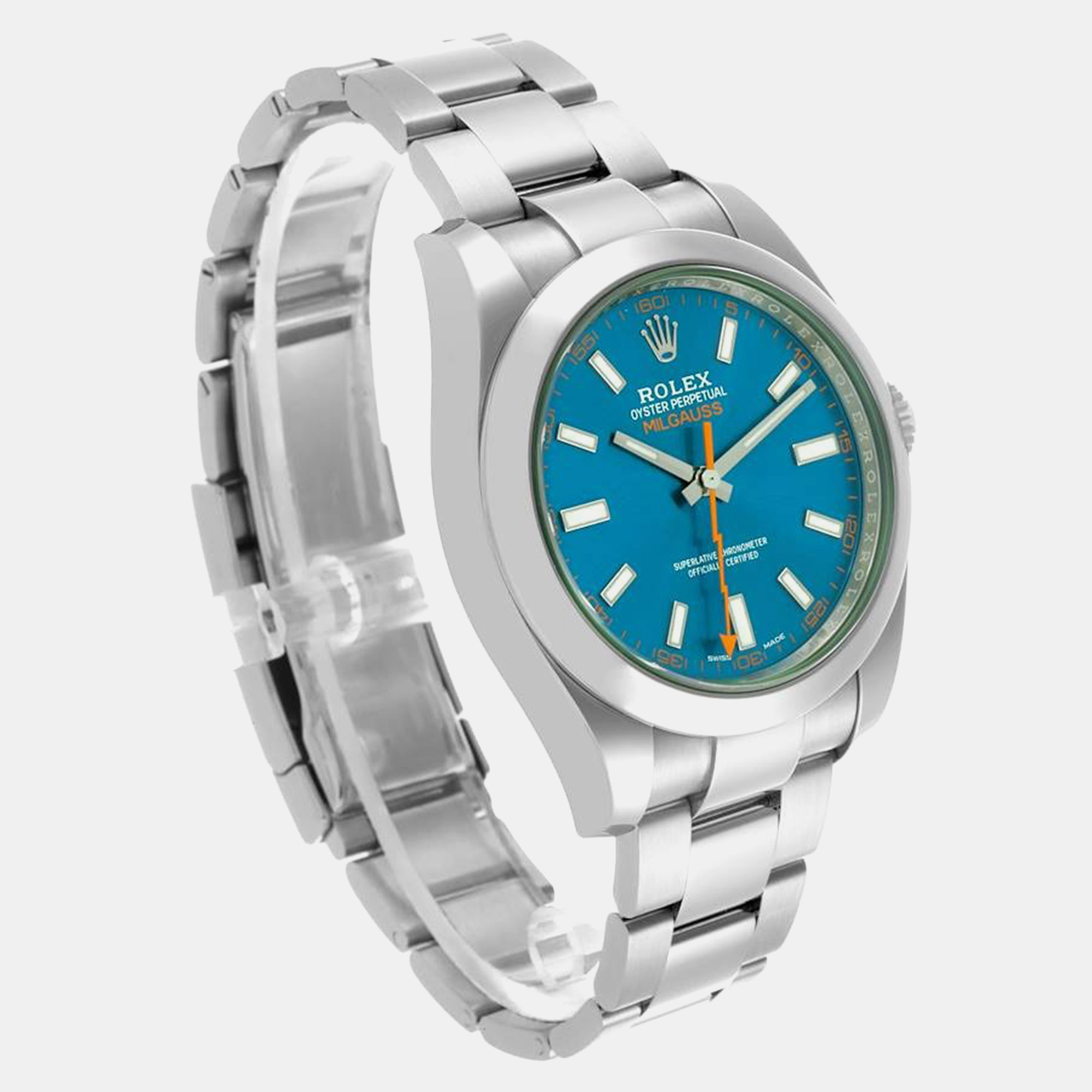 Rolex Milgauss Blue Dial Green Crystal Steel Mens Watch 116400GV