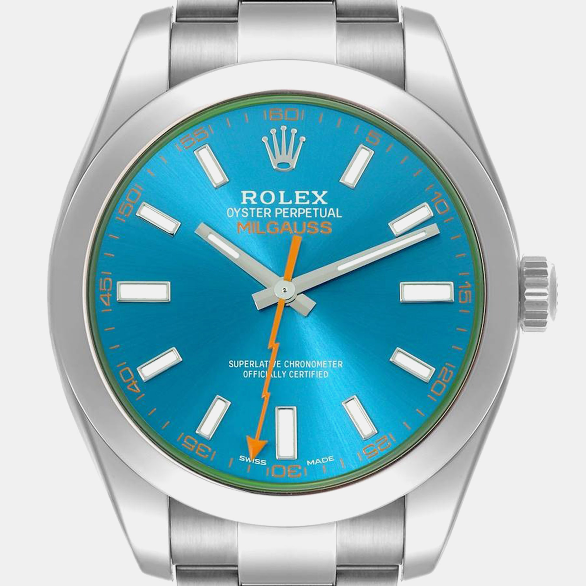 Rolex Milgauss Blue Dial Green Crystal Steel Mens Watch 116400GV