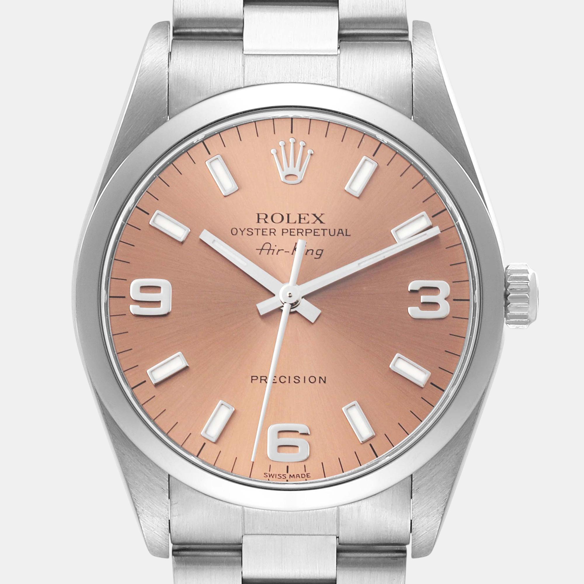 Rolex Air King Salmon Dial Smooth Bezel Steel Men's Watch 14000 34 Mm