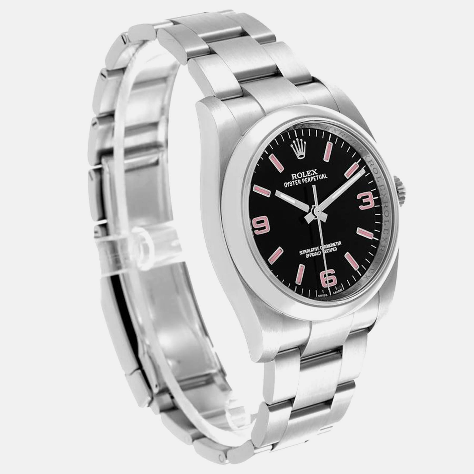 Rolex Oyster Perpetual 36 Pink Baton Black Dial Steel Mens Watch 116000