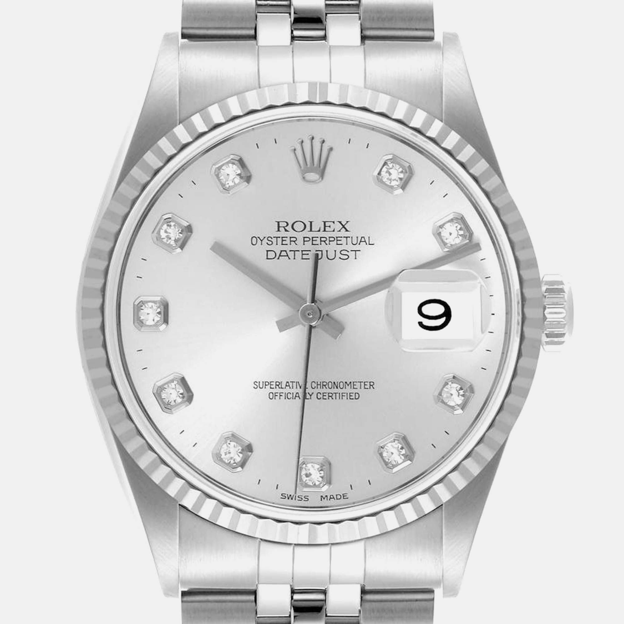 Rolex Datejust Steel White Gold Silver Diamond Dial Mens Watch 16234