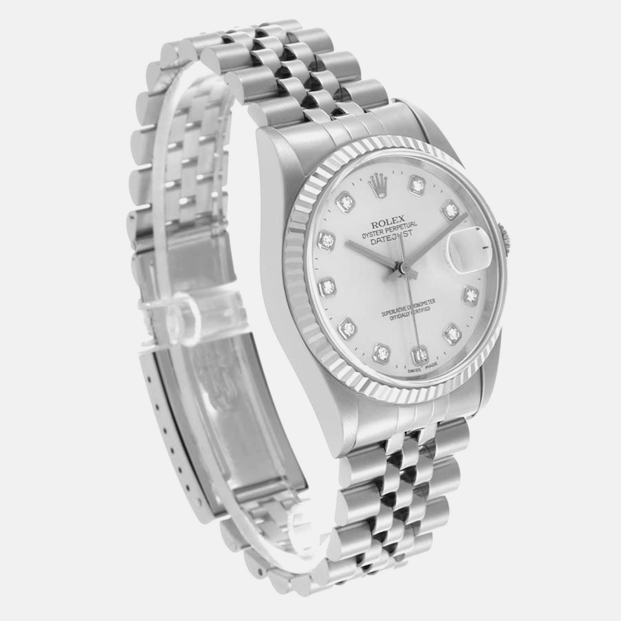 Rolex Datejust Steel White Gold Silver Diamond Dial Mens Watch 16234