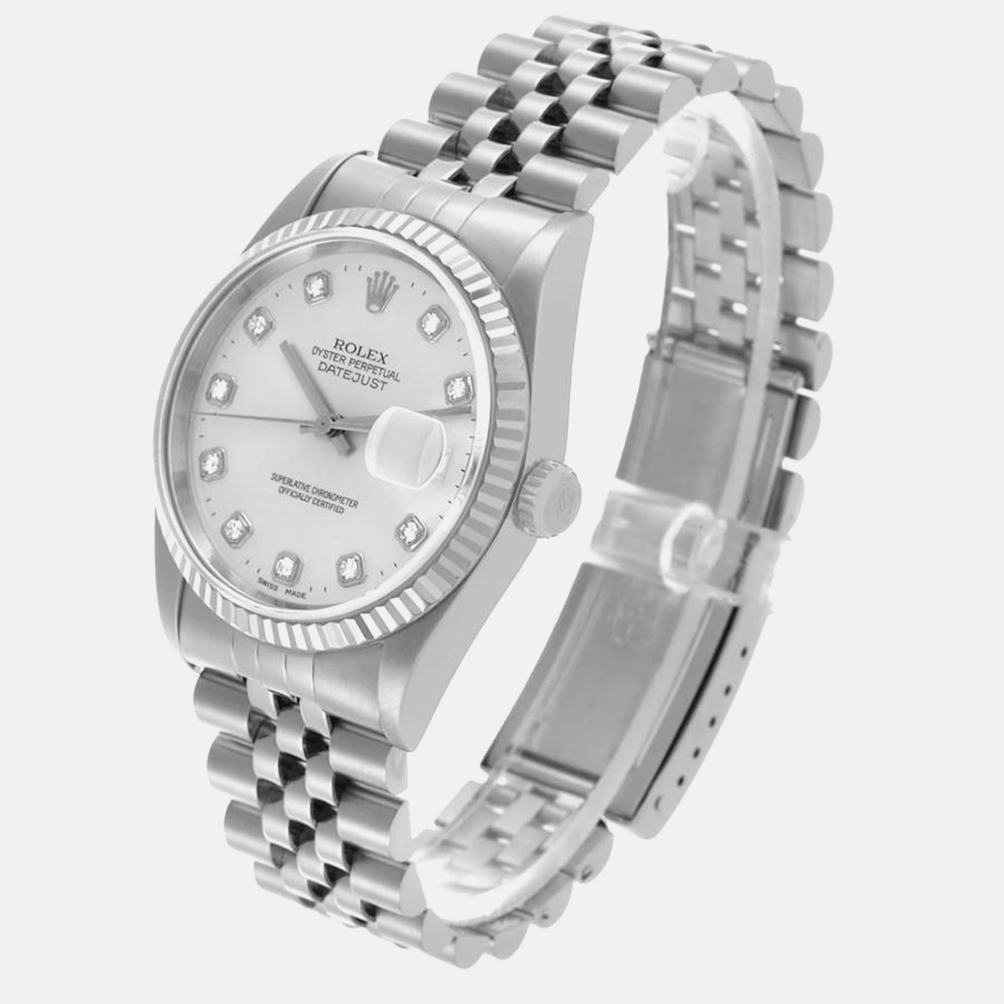 Rolex Datejust Steel White Gold Silver Diamond Dial Mens Watch 16234