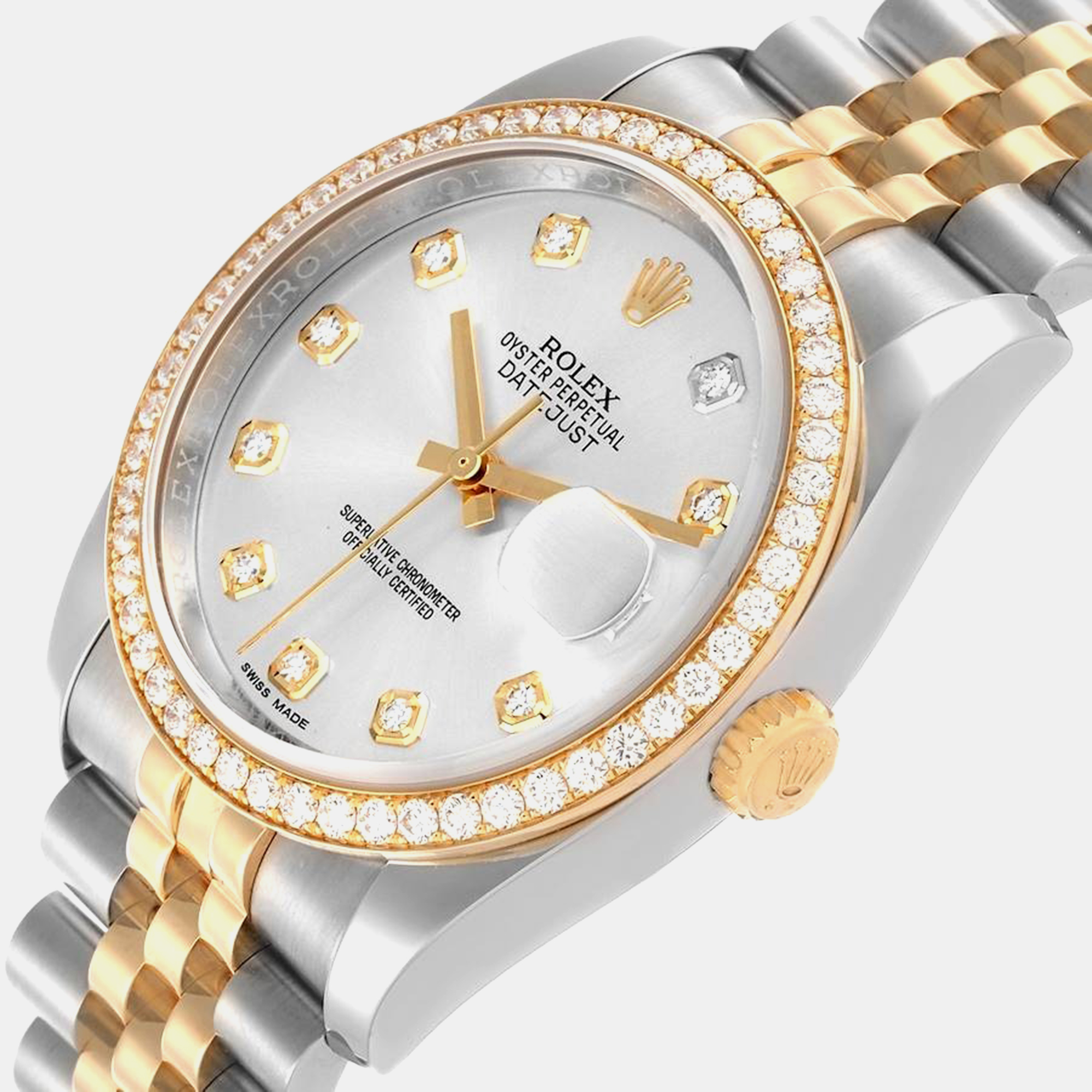 Rolex Datejust Steel Yellow Gold Silver Dial Diamond Watch 116243 36 Mm