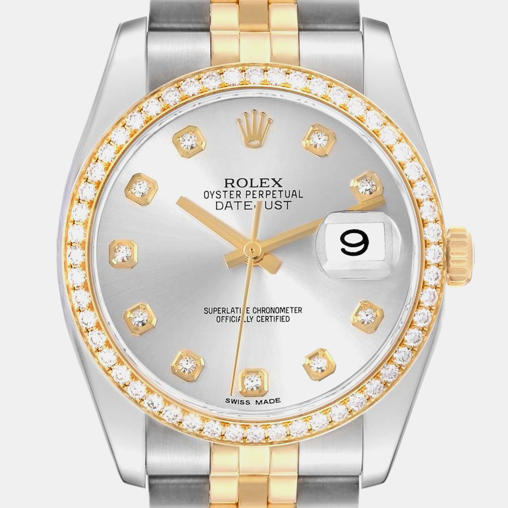 Rolex Datejust Steel Yellow Gold Silver Dial Diamond Watch 116243 36 Mm