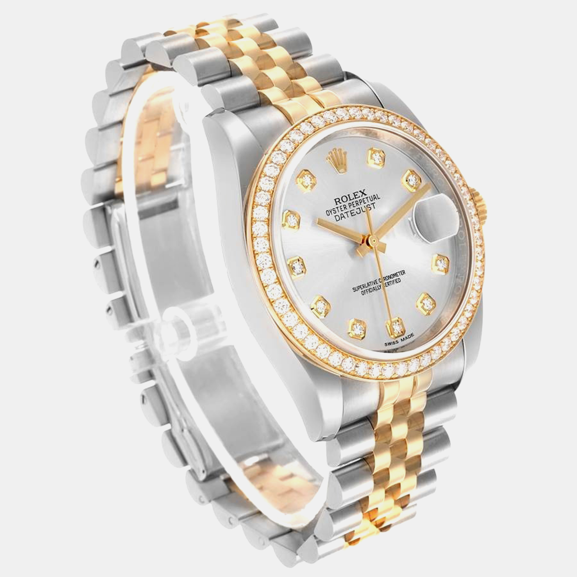 Rolex Datejust Steel Yellow Gold Silver Dial Diamond Watch 116243 36 Mm