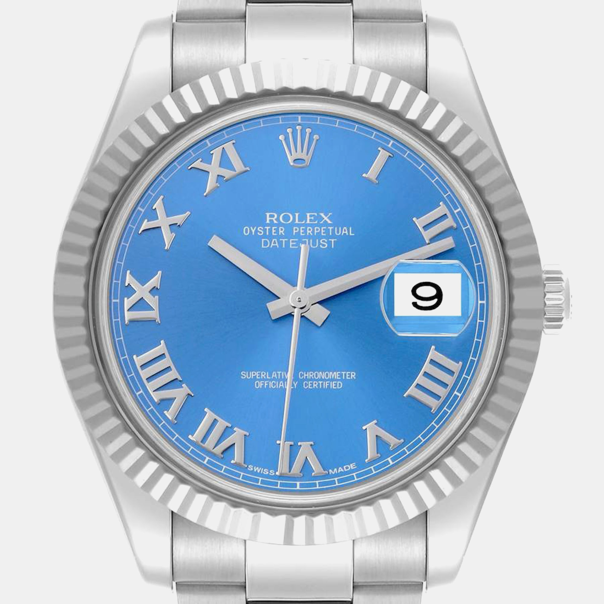 Rolex Datejust II 41 Steel White Gold Blue Roman Dial Mens Watch 116334