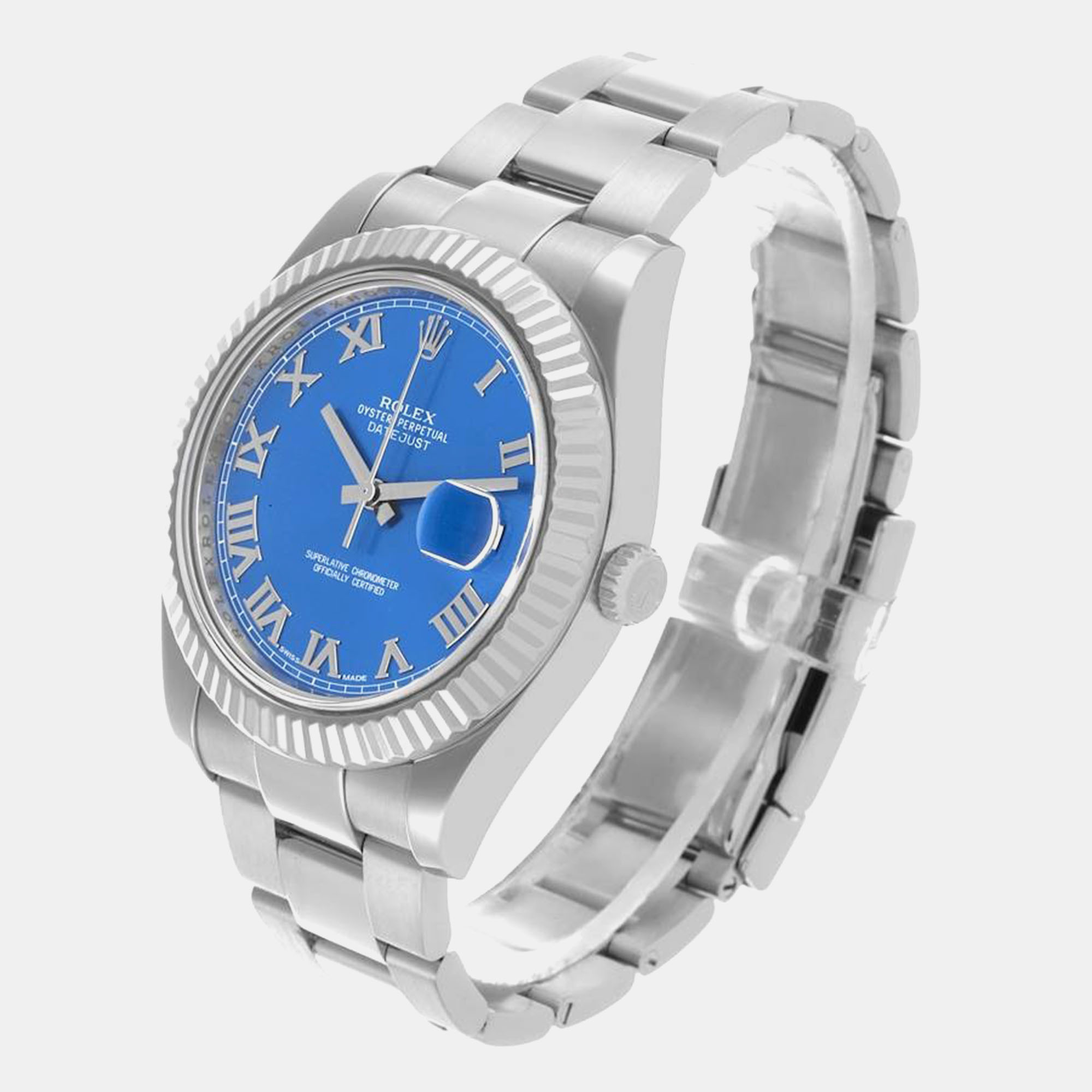 Rolex Datejust II 41 Steel White Gold Blue Roman Dial Mens Watch 116334