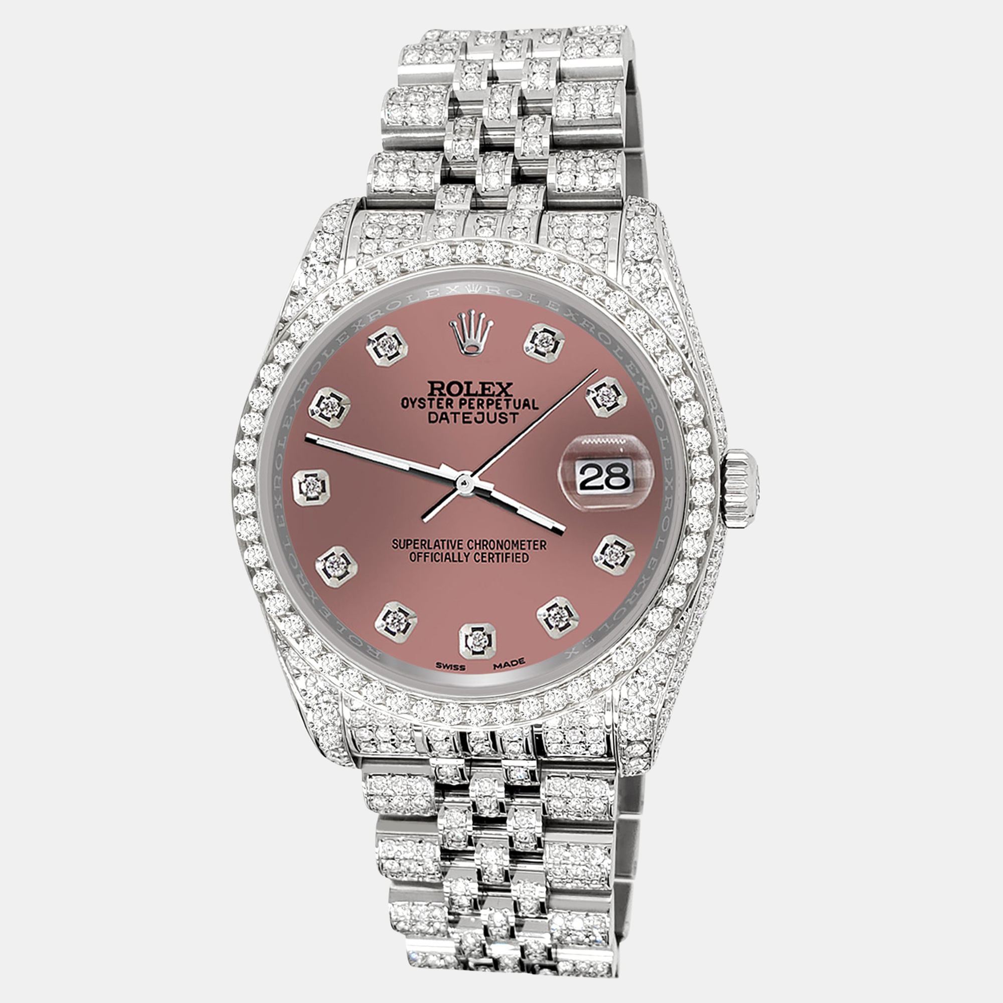 Rolex Custom Salmon 10.2ct Diamonds Stainless Steel Datejust 116200 Automatic Men's Wristwatch, Pink
Rolex Custom Salmon 10.2ct Diamonds Stainless Steel Datejust 116200 Automatic Men's Wristwatch, Pink