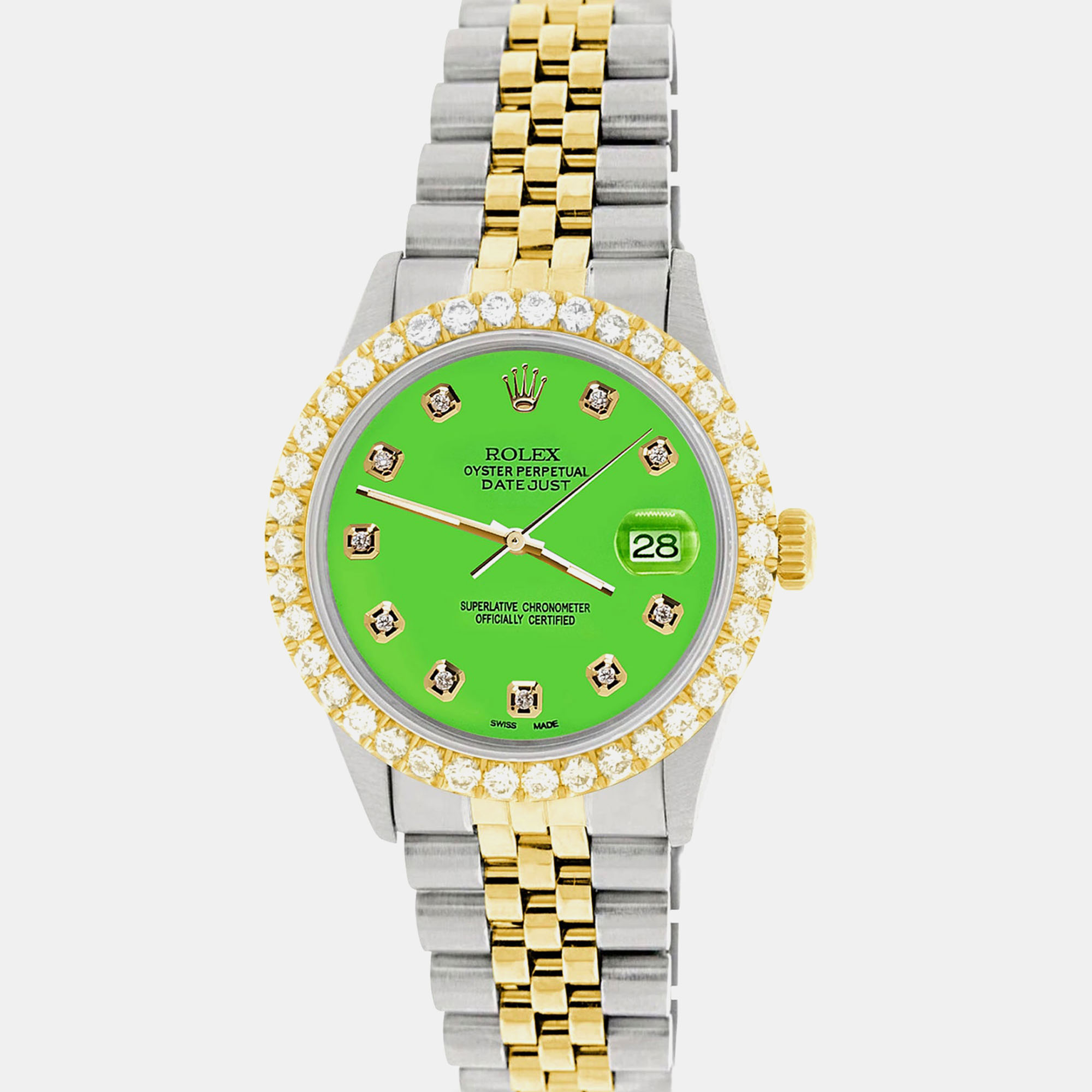 Rolex Custom Green 3.05CT Diamond 18K Yellow Gold Stainless Steel Datejust Automatic Men's Wristwatch
Rolex Custom Green 3.05CT Diamond 18K Yellow Gold Stainless Steel Datejust Automatic Men's Wristwatch