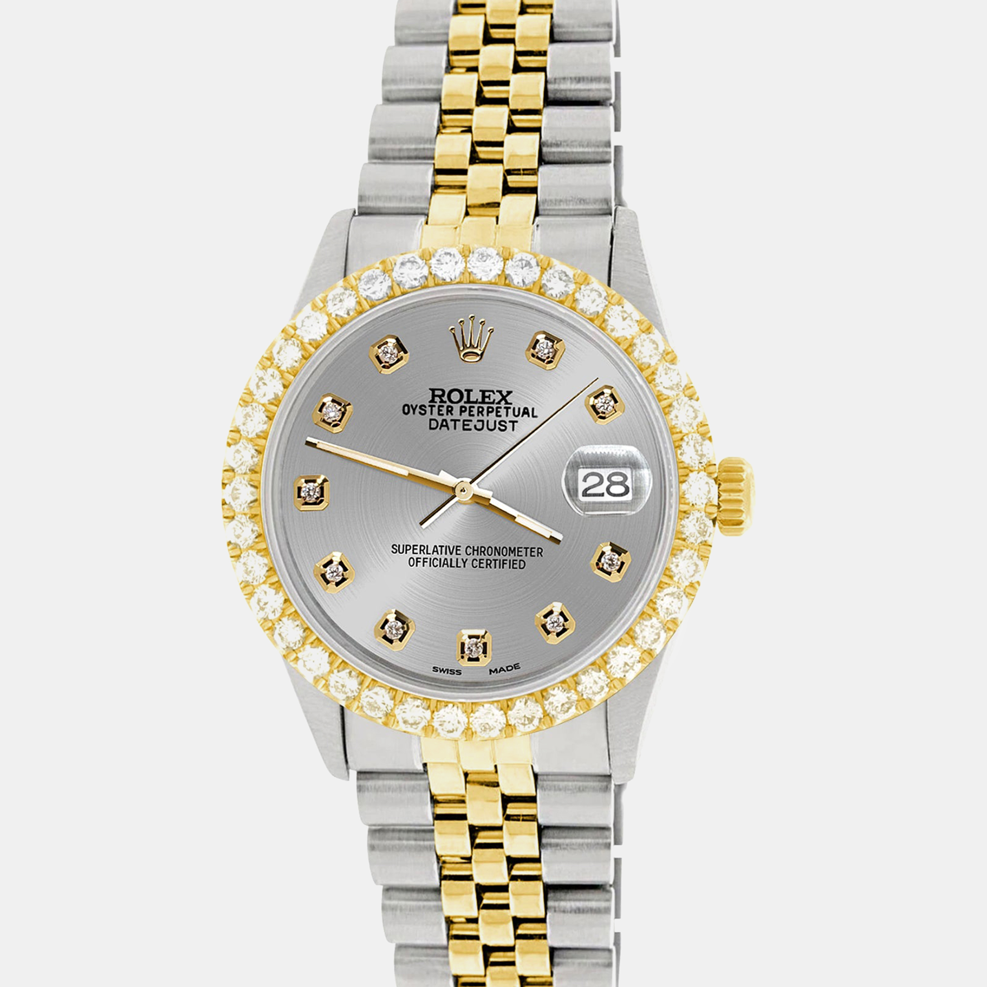 Rolex Custom Gray 3.05CT Diamond 18K Yellow Gold Stainless Steel Datejust Automatic Men's Wristwatch, Grey
Rolex Custom Gray 3.05CT Diamond 18K Yellow Gold Stainless Steel Datejust Automatic Men's Wristwatch, Grey