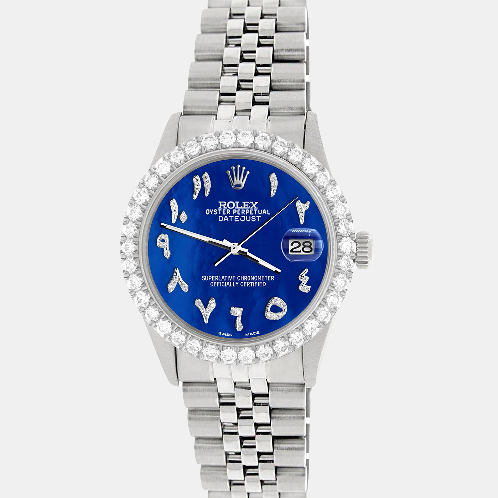 Rolex Custom Royal Blue MOP 3.35CT Diamond Stainless Steel Datejust Automatic Men's Wristwatch
Rolex Custom Royal Blue MOP 3.35CT Diamond Stainless Steel Datejust Automatic Men's Wristwatch