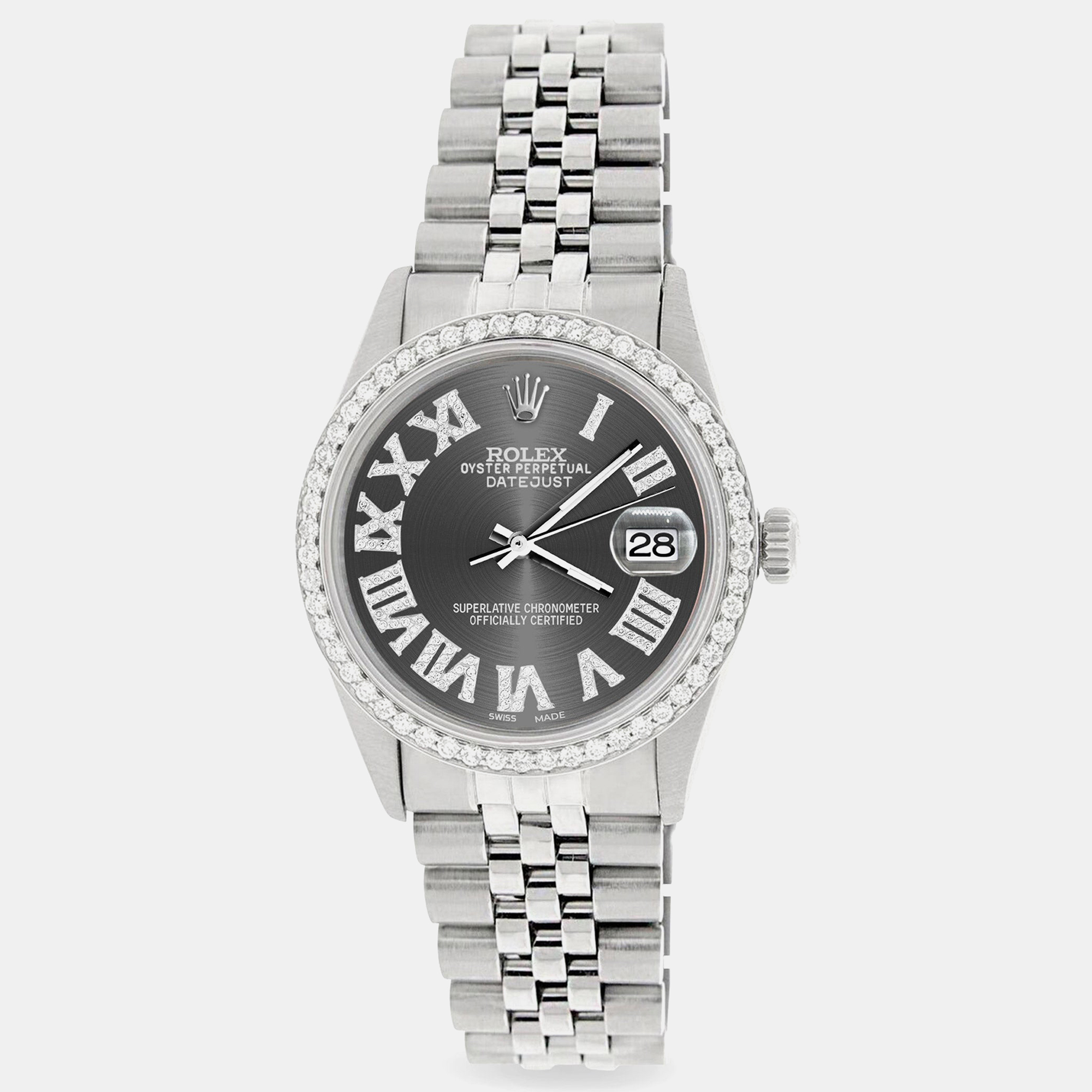 Rolex Custom Grey Diamond Stainless Steel Datejust Automatic Men's Wristwatch
Rolex Custom Grey Diamond Stainless Steel Datejust Automatic Men's Wristwatch