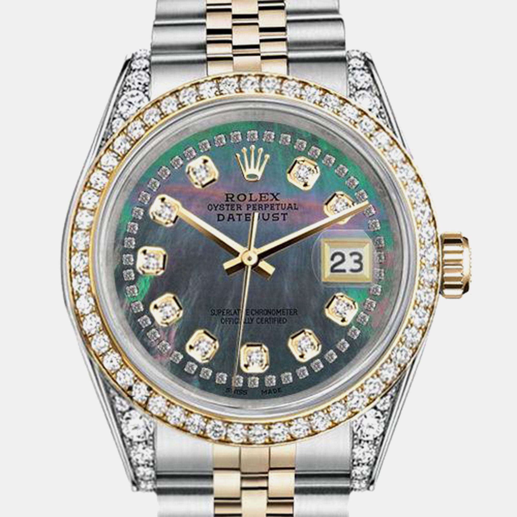 Rolex Customised Black MOP Diamond 18K Yellow Gold Stainless Steel Datejust 16013 Automatic Men's Wristwatch
Rolex Customised Black MOP Diamond 18K Yellow Gold Stainless Steel Datejust 16013 Automatic Men's Wristwatch