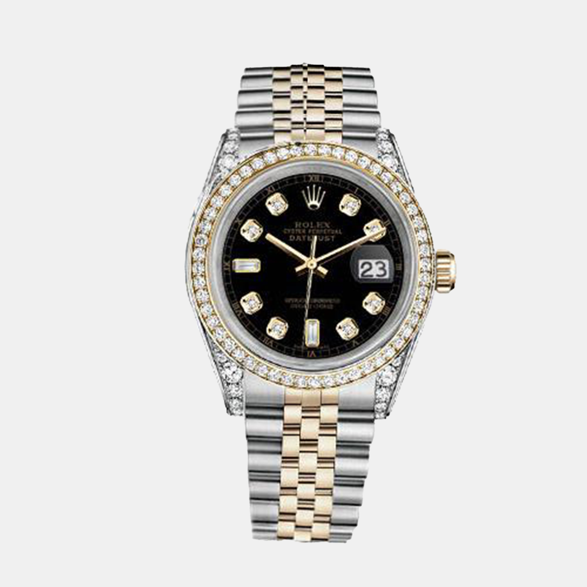 Rolex Customised Black Diamond 18K Yellow Gold Stainless Steel Datejust 16013 Automatic Men's Wristwatch
Rolex Customised Black Diamond 18K Yellow Gold Stainless Steel Datejust 16013 Automatic Men's Wristwatch