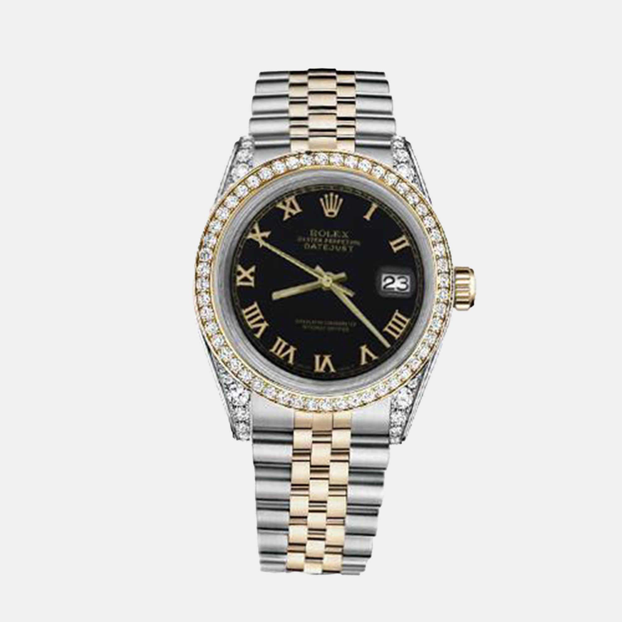 Rolex Customised Black Diamond 18K Yellow Gold Stainless Steel Datejust 16013 Automatic Men's Wristwatch
Rolex Customised Black Diamond 18K Yellow Gold Stainless Steel Datejust 16013 Automatic Men's Wristwatch