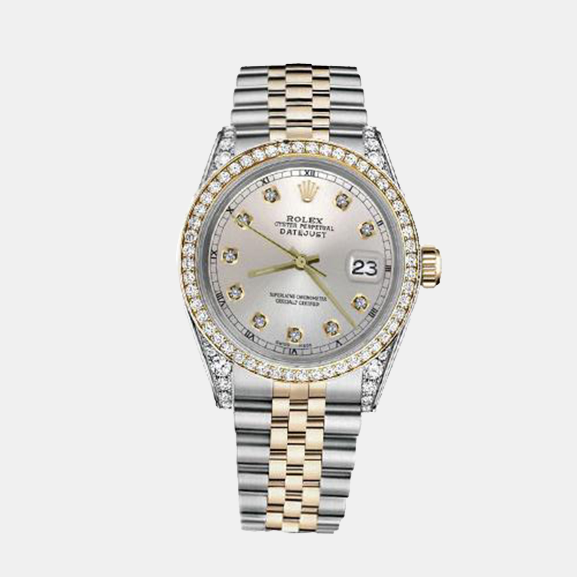 Rolex Customised Silver Diamond 18K Yellow Gold Stainless Steel Datejust 16013 Automatic Men's Wristwatch
Rolex Customised Silver Diamond 18K Yellow Gold Stainless Steel Datejust 16013 Automatic Men's Wristwatch