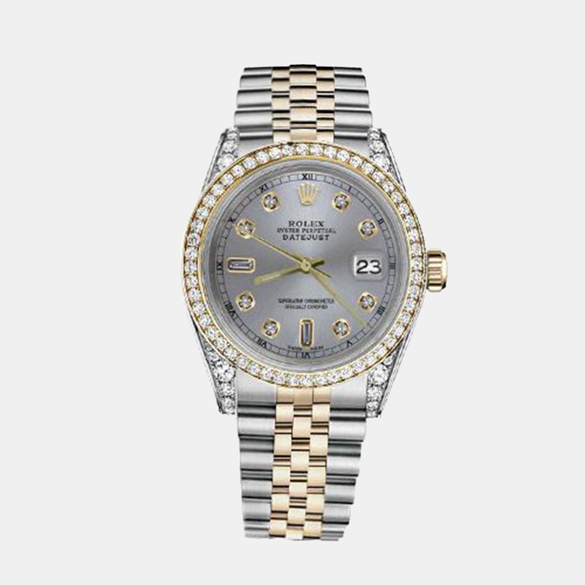 Rolex Customised Grey Diamond 18K Yellow Gold Stainless Steel Datejust 16013 Automatic Men's Wristwatch
Rolex Customised Grey Diamond 18K Yellow Gold Stainless Steel Datejust 16013 Automatic Men's Wristwatch