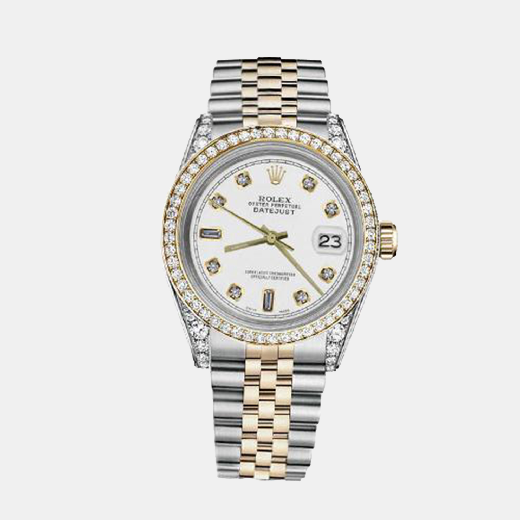 Rolex Customised White Diamond 18K Yellow Gold Stainless Steel Datejust 16013 Automatic Men's Wristwatch
Rolex Customised White Diamond 18K Yellow Gold Stainless Steel Datejust 16013 Automatic Men's Wristwatch