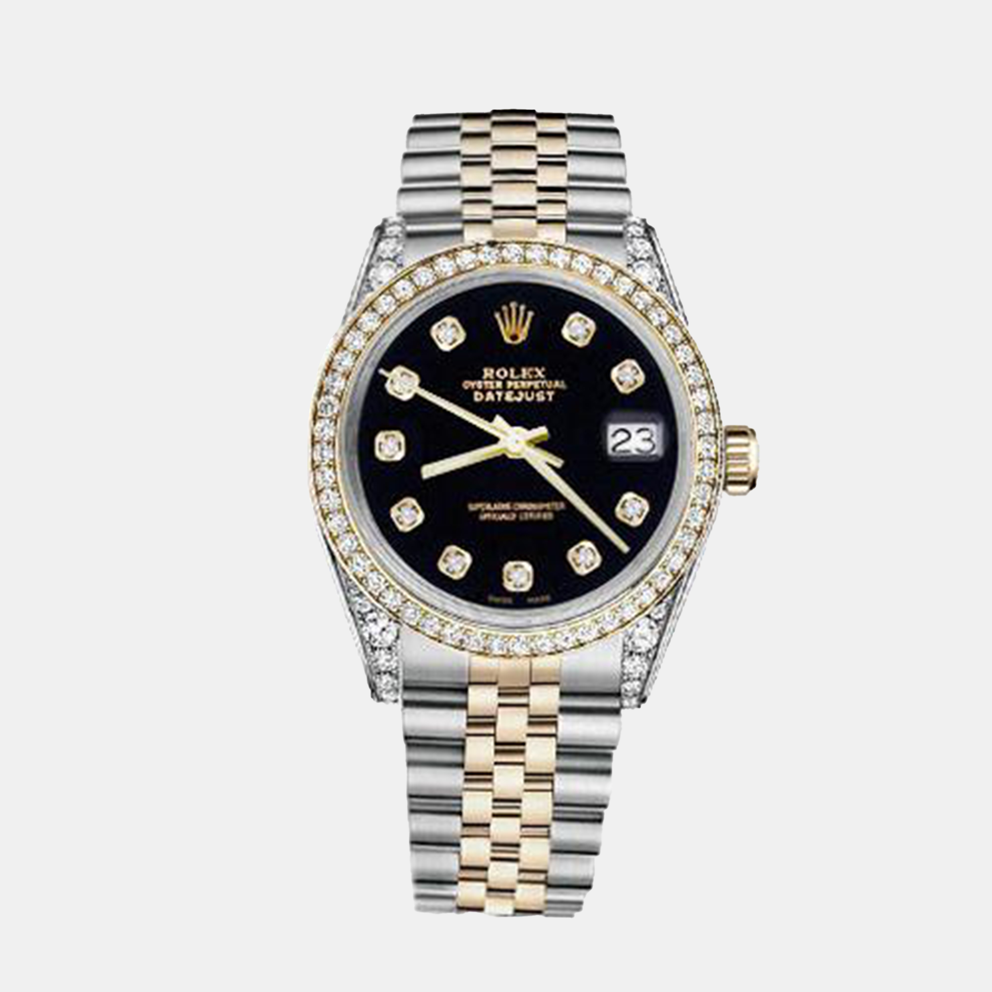 Rolex Customised Black Diamond 18K Yellow Gold Stainless Steel Datejust 116233 Automatic Men's Wristwatch
Rolex Customised Black Diamond 18K Yellow Gold Stainless Steel Datejust 116233 Automatic Men's Wristwatch