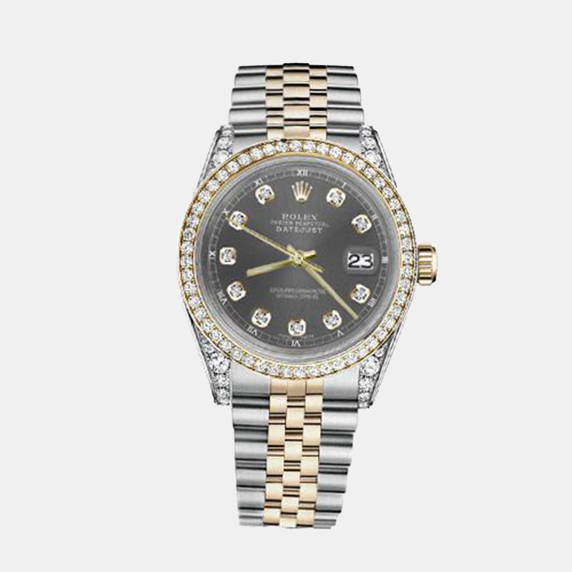 Rolex Customised Grey Diamond 18K Yellow Gold Stainless Steel Datejust 116233 Automatic Men's Wristwatch
Rolex Customised Grey Diamond 18K Yellow Gold Stainless Steel Datejust 116233 Automatic Men's Wristwatch