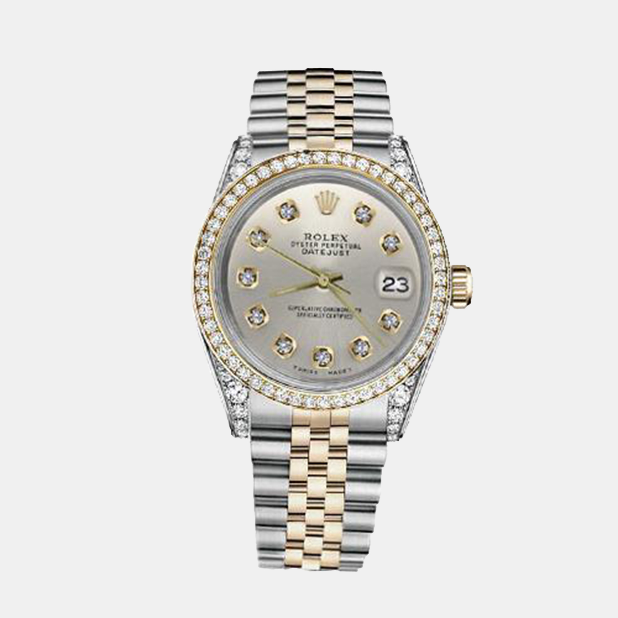 Rolex Customised Silver Diamond 18K Yellow Gold Stainless Steel Datejust 116233 Automatic Men's Wristwatch
Rolex Customised Silver Diamond 18K Yellow Gold Stainless Steel Datejust 116233 Automatic Men's Wristwatch