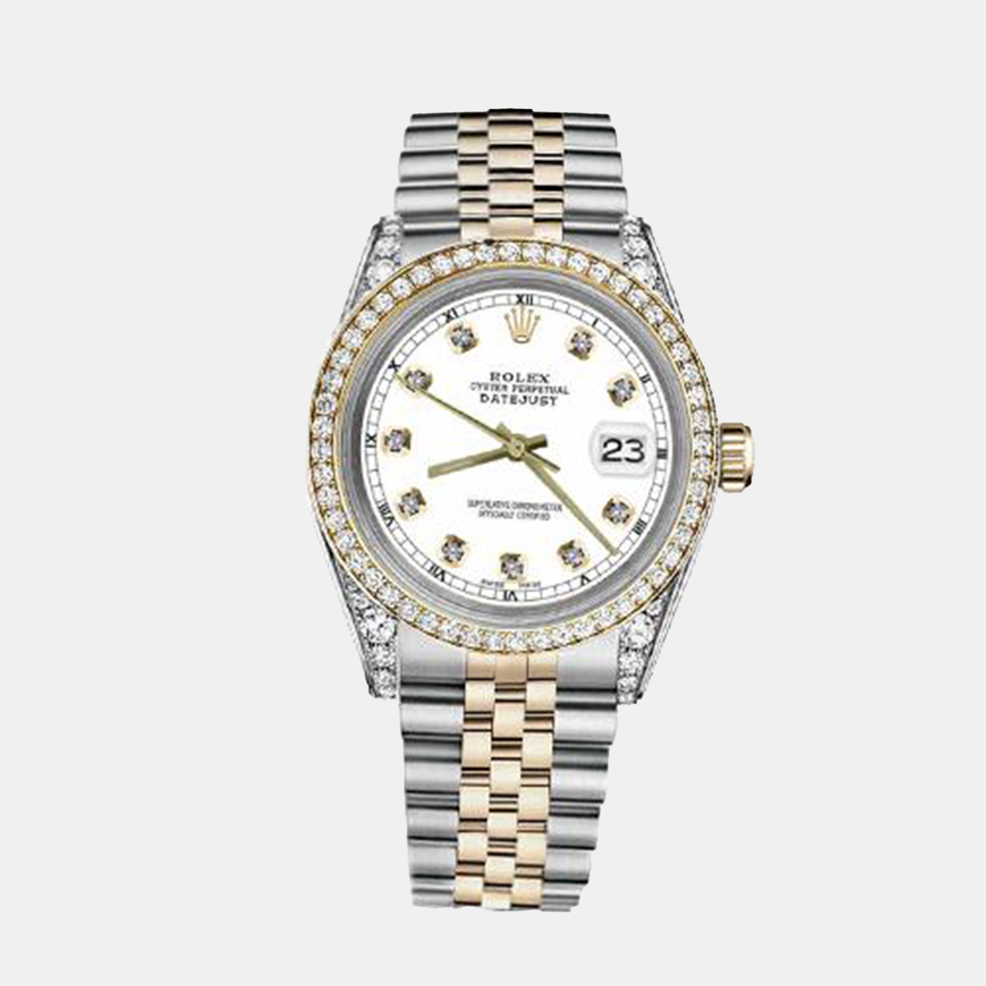 Rolex Customised White Diamond 18K Yellow Gold Stainless Steel Datejust 116233 Automatic Men's Wristwatch
Rolex Customised White Diamond 18K Yellow Gold Stainless Steel Datejust 116233 Automatic Men's Wristwatch